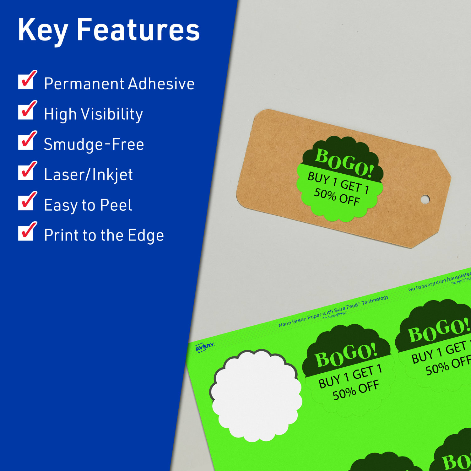 Avery Print-To-The-Edge Labels With Sure Feed Technology, 94516-NGP10, Round Scalloped, 2-1/2in, Matte Neon Green, Pack of 90 - Image 3