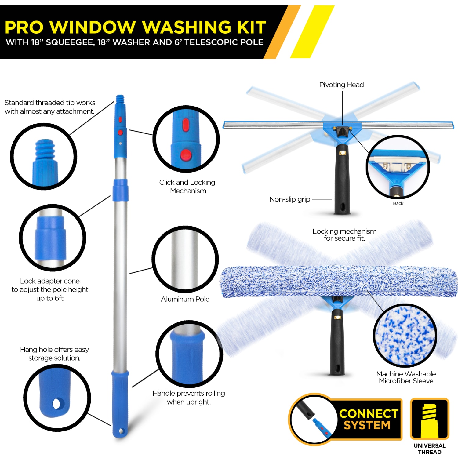 Gritt Commercial Pro Window Washing Kit With Squeegee, Washer, Telescopic Pole And Heavy-Duty Bucket  - GRI137B-6F-14-3PK - Image 5
