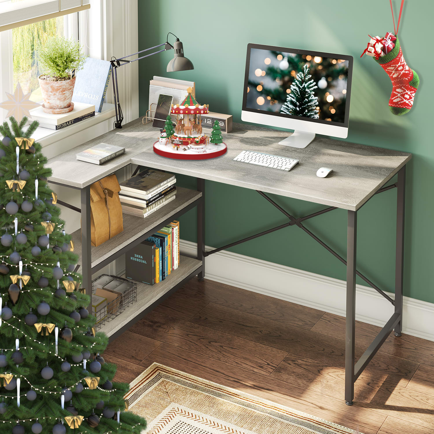 Bestier L-Shaped Corner Desk With Storage Shelf, 48inW, Light Retro Gray Oak - Image 3