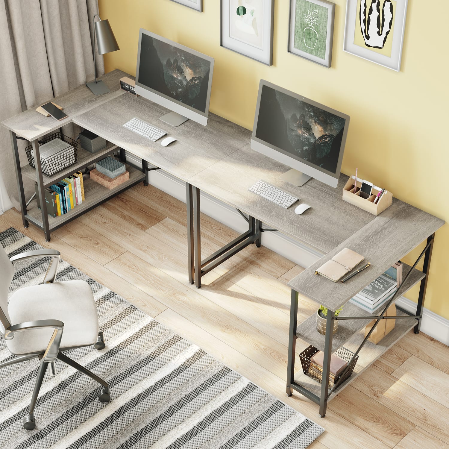 Bestier L-Shaped Corner Desk With Storage Shelf, 48inW, Light Retro Gray Oak - Image 4