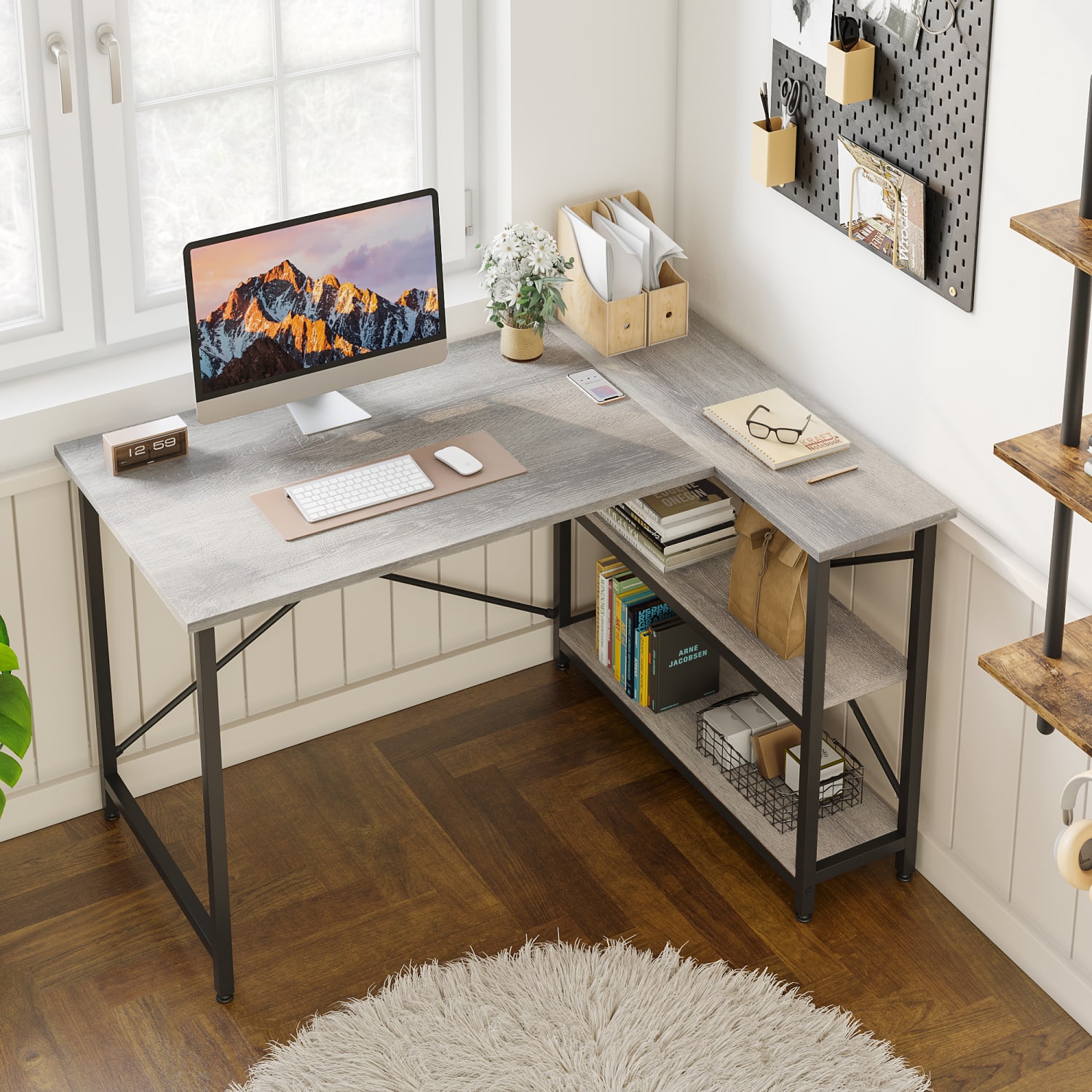 Bestier L-Shaped Corner Desk With Storage Shelf, 48inW, Light Retro Gray Oak - Image 5