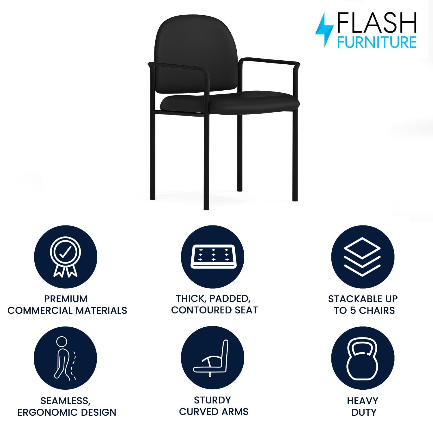 Flash Furniture Vinyl Comfortable Stackable Steel Side Chair With Arms, Black - Image 3