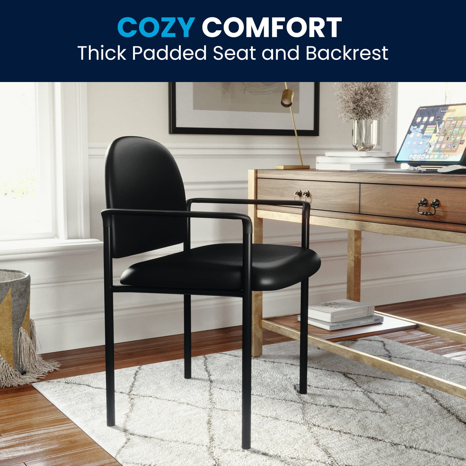 Flash Furniture Vinyl Comfortable Stackable Steel Side Chair With Arms, Black - Image 6