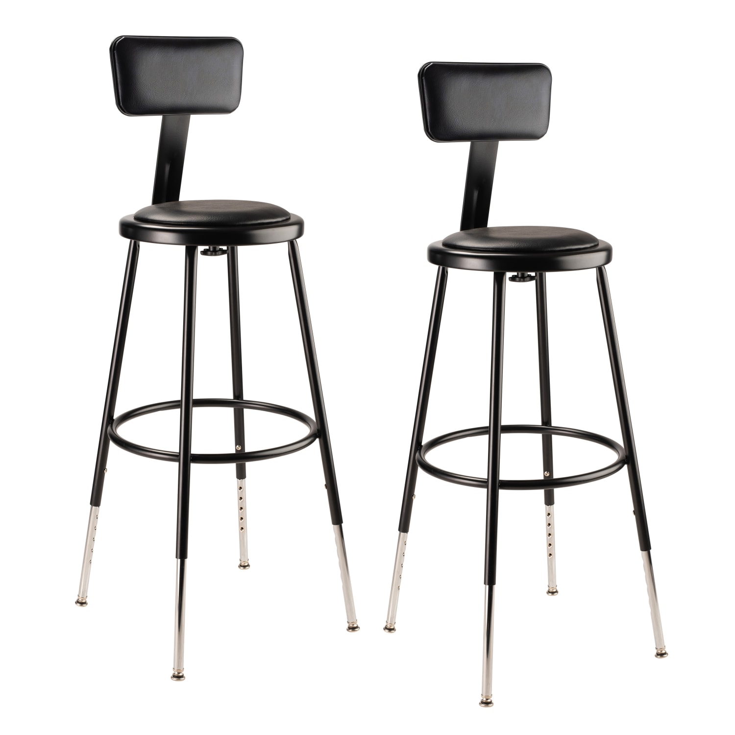 National Public Seating 6400 Series Adjustable Vinyl-Padded Science Stools With Backrests, 25 - 32-1/2inH Seat, Black, Pack Of 2 Stools