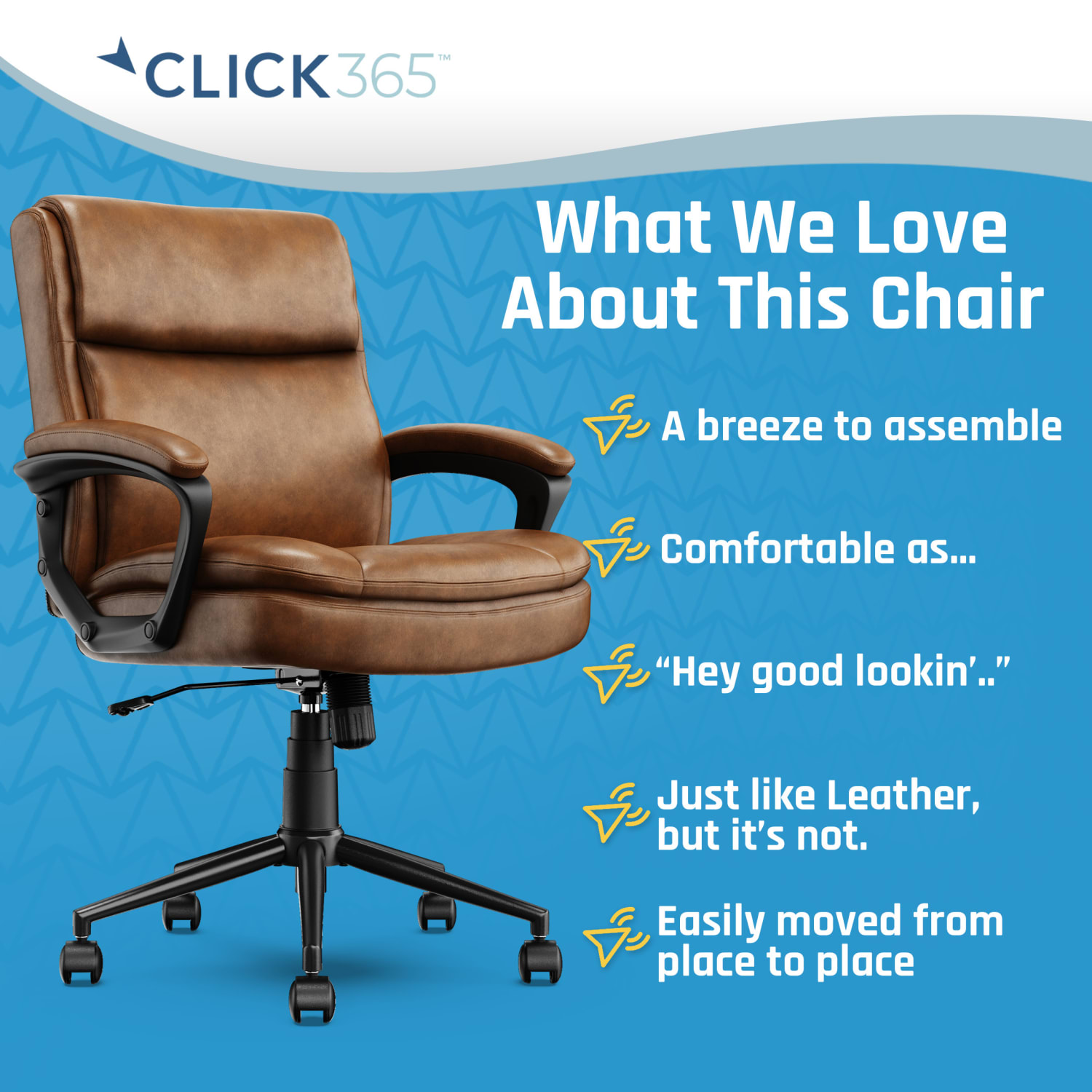Click365 Transform 2.0 Ergonomic Bonded Leather Mid-Back Office Chair, Cognac/Black - Image 5