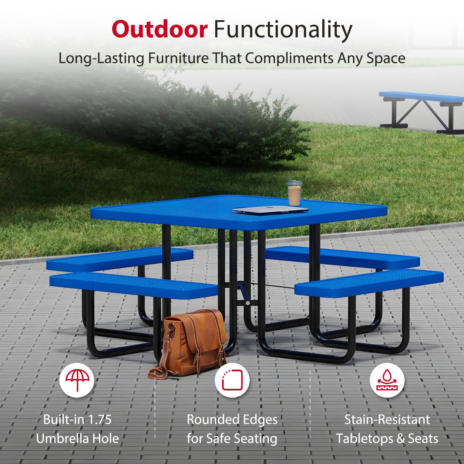 Leisure Craft Square Outdoor Picnic Table, 29-1/4inH x 80inW x 80inD, Black/Blue - Image 4