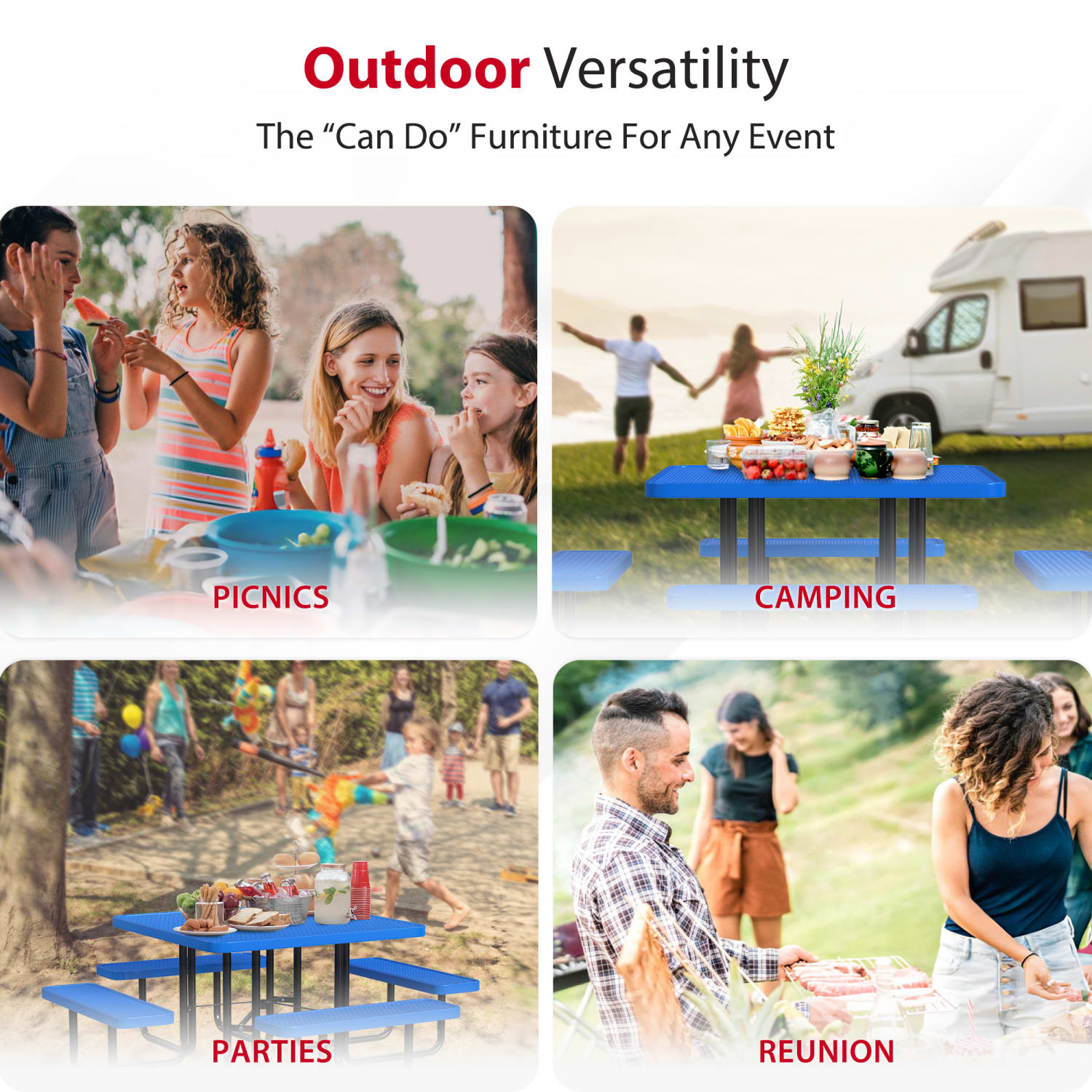 Leisure Craft Square Outdoor Picnic Table, 29-1/4inH x 80inW x 80inD, Black/Blue - Image 6