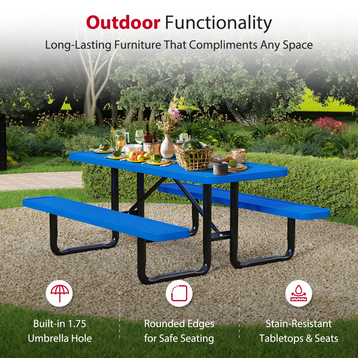 Leisure Craft Rectangle Outdoor Picnic Table, 29-11/16inH x 96inW x 62inD, Black/Blue - Image 4