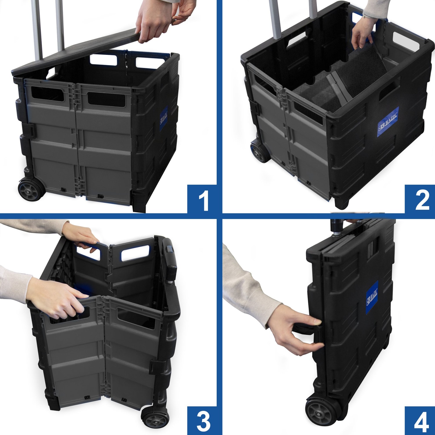 BAZIC Products Folding Cart On Wheels With Lid Cover, 18inH x 15inW x 16inD, Black/Gray - Image 3
