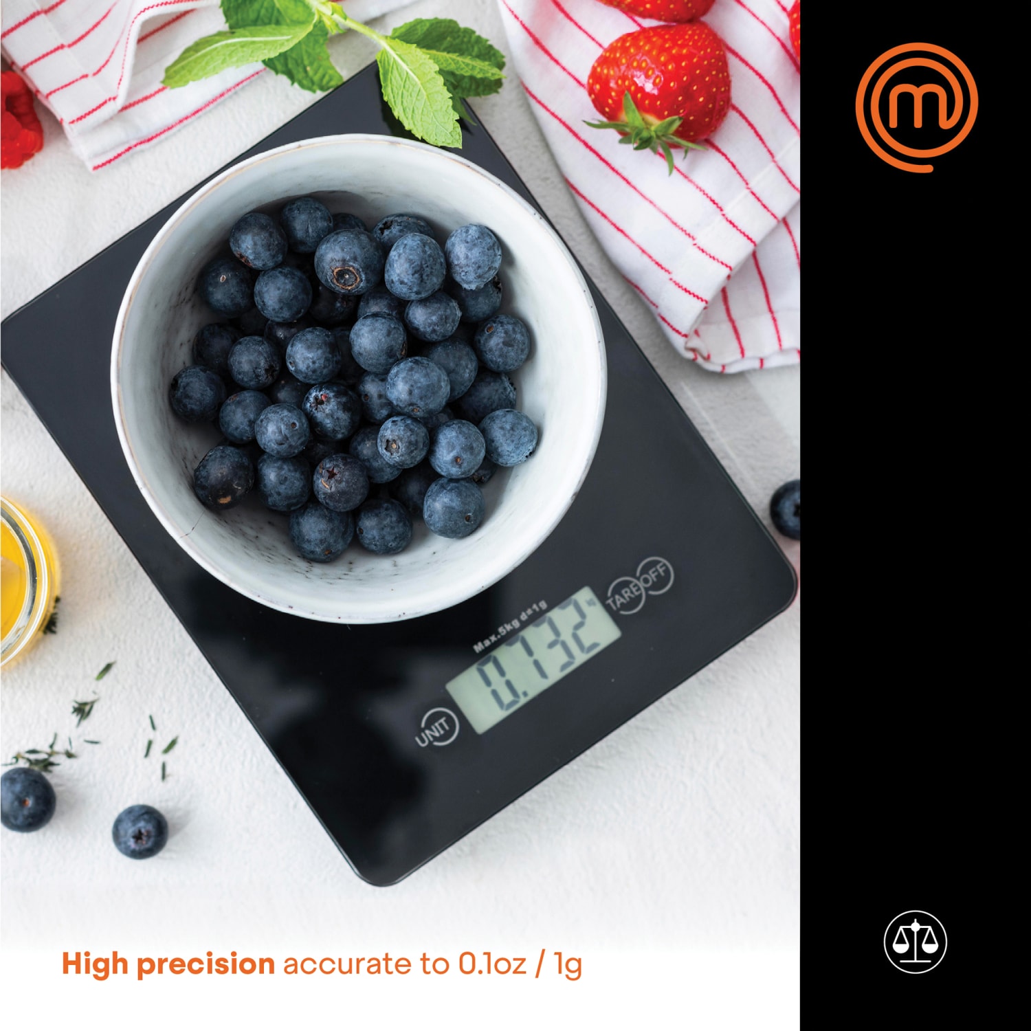 MasterChef 11 Lb Tempered Glass Digital Kitchen Scale, 7in x 3/4in, Black - Image 3