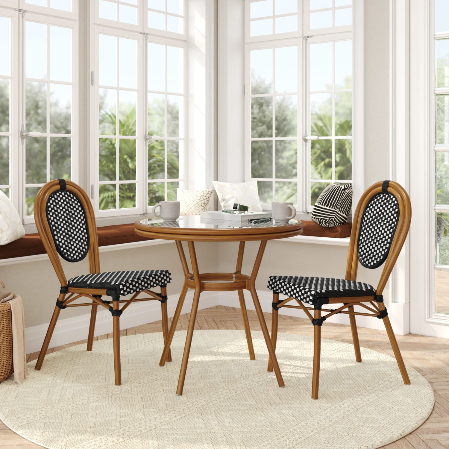 Flash Furniture Lourdes Indoor/Outdoor Commercial Bistro 31.5in Table, PE Rattan, Glass Top with 2 Stack Chairs, Black & White Rattan/Natural Frame - Image 3