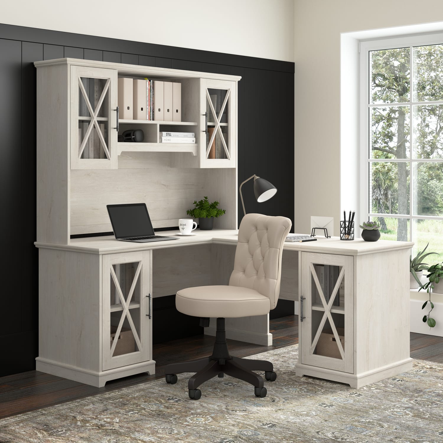 Bush Business Furniture Lennox 60inW Farmhouse L-Shaped Corner Desk With Hutch And Storage Cabinets, Linen White Oak, Standard Delivery - Image 3