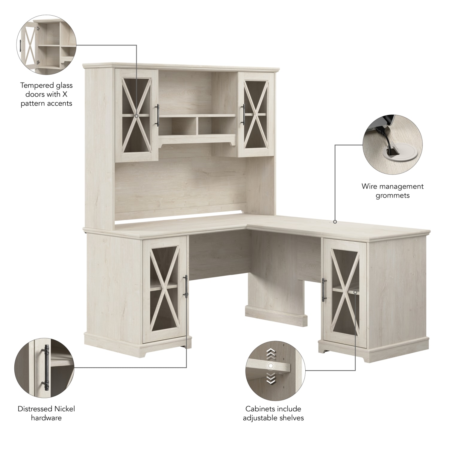 Bush Business Furniture Lennox 60inW Farmhouse L-Shaped Corner Desk With Hutch And Storage Cabinets, Linen White Oak, Standard Delivery - Image 6