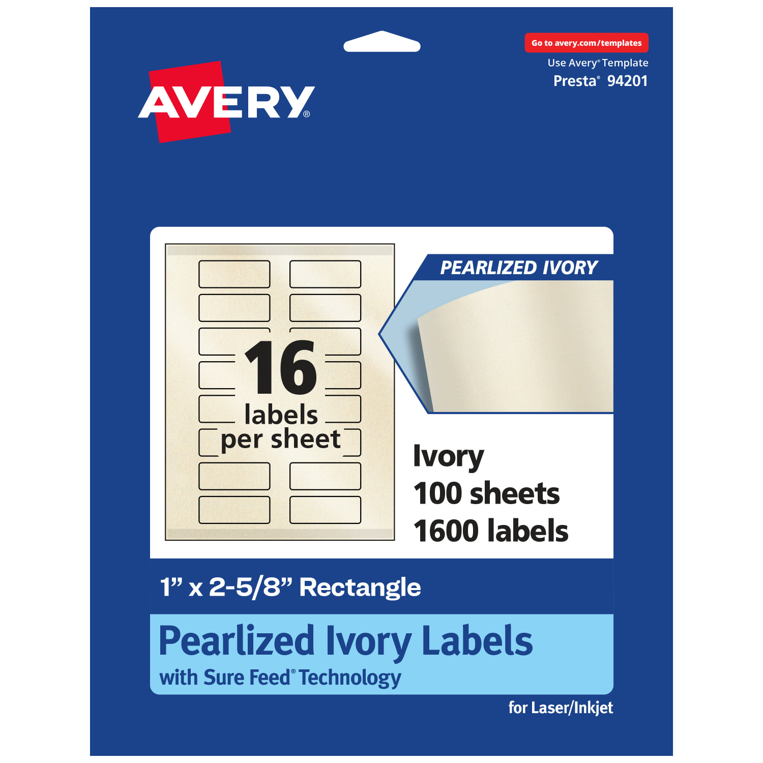 Avery Pearlized Permanent Labels With Sure Feed, 94201-PIP100, Rectangle, 1in x 2-5/8in, Ivory, Pack Of 1,600 Labels