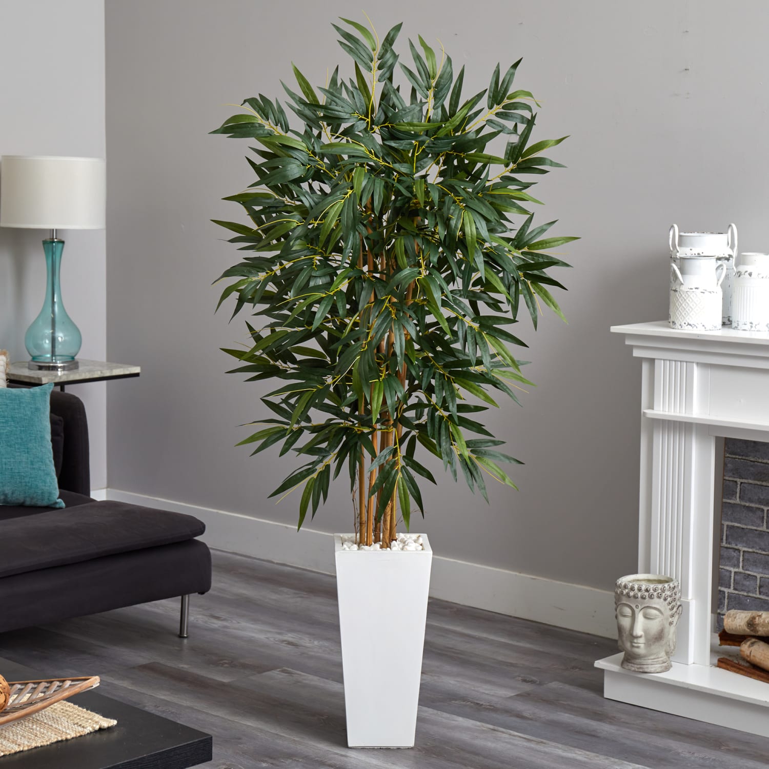 Nearly Natural 6ftH Bamboo Artificial Tree With Tower Planter, 72inH x 38inWx 38inD, White/Green - Image 3