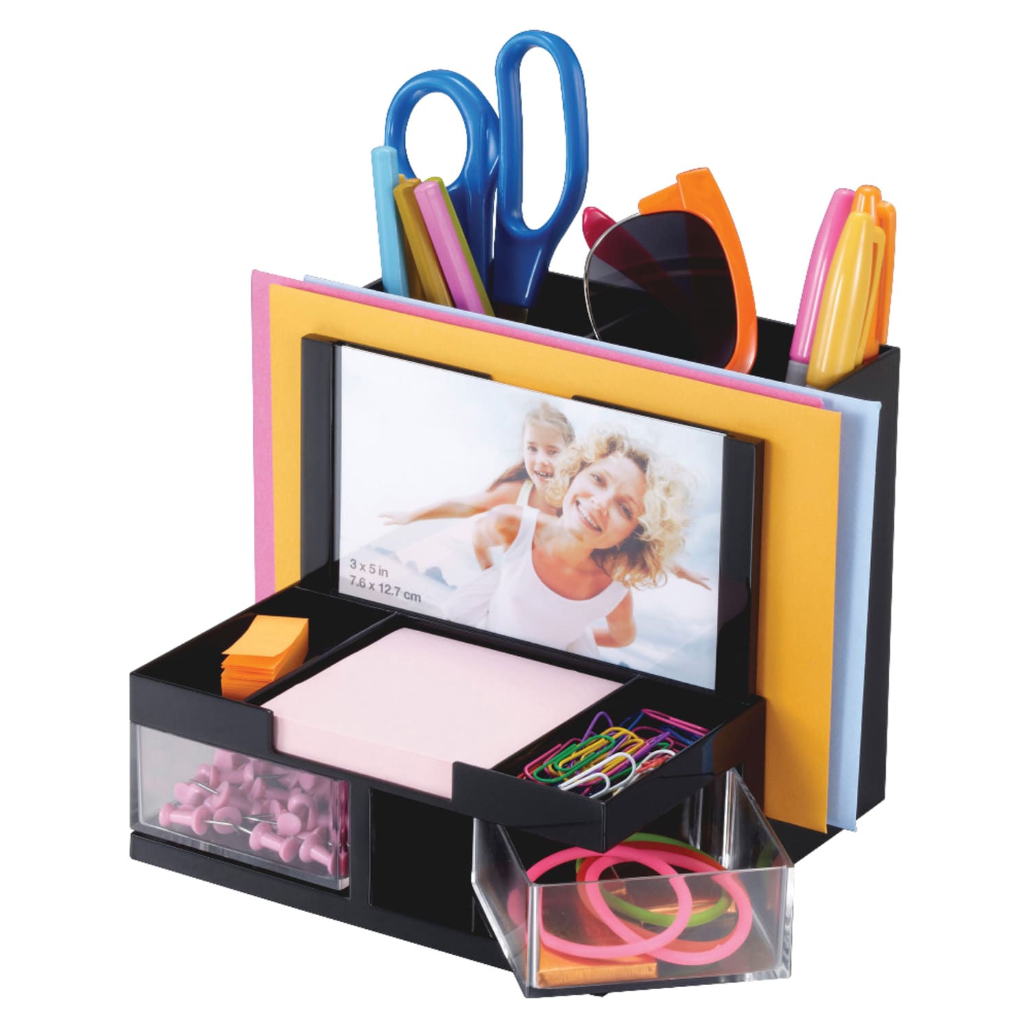 OIC VersaPlus Plastic 9-Compartment Desk Organizer, 5 1/2inH x 6 1/4inW x 6 5/16inD, Black/Clear - Image 3
