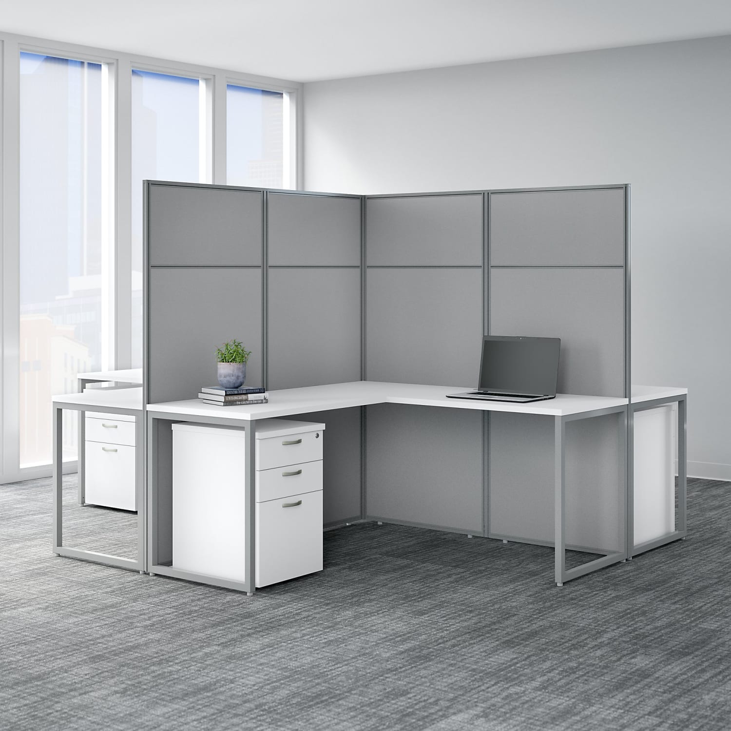 Bush Business Furniture Easy Office 60inW 4-Person L-Shaped Cubicle Desk With Drawers And 66inH Panels, Pure White/Silver Gray, Standard Delivery - Image 3