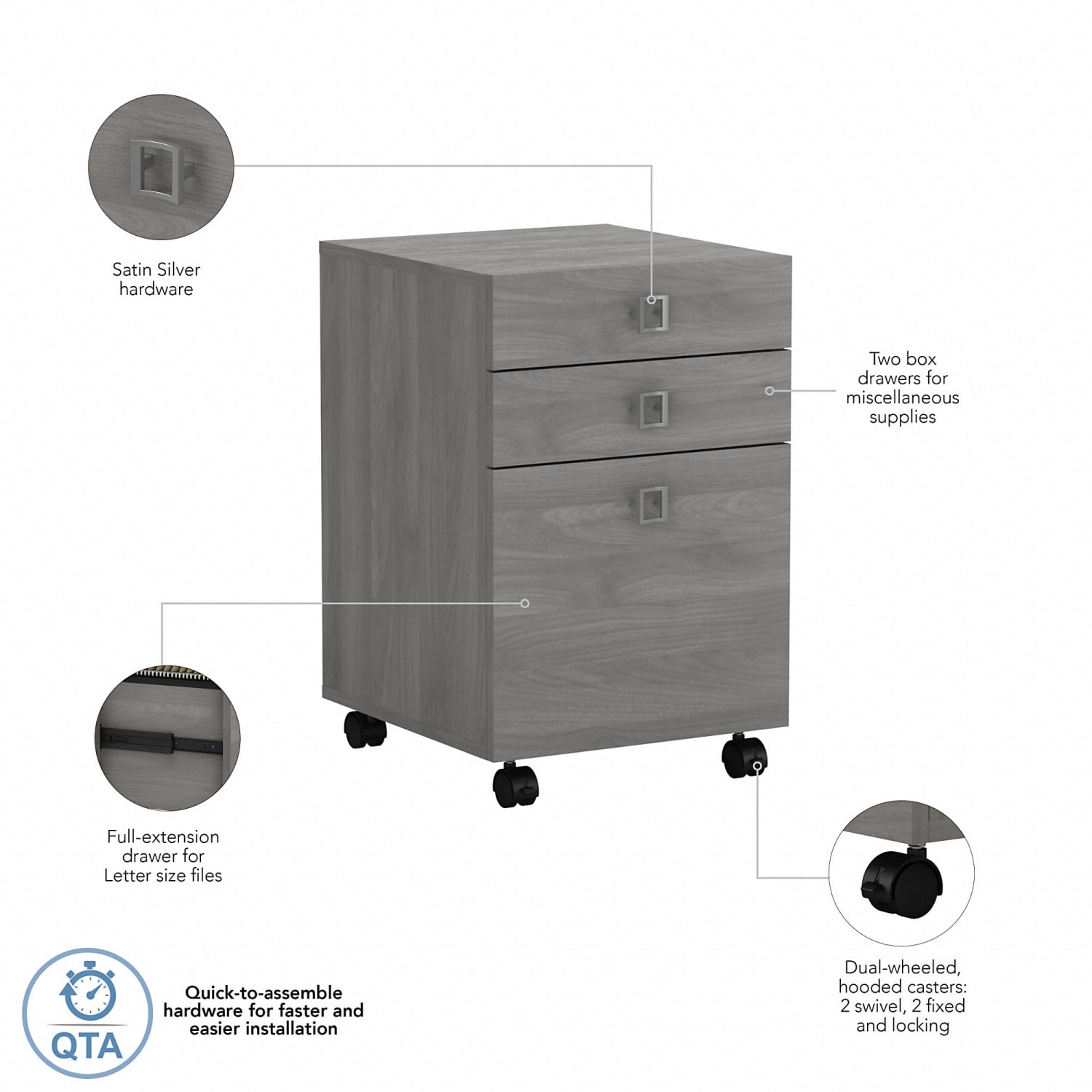 Bush Business Furniture Echo 17inD Vertical 3-Drawer Mobile File Cabinet, Modern Gray, Delivery - Image 4