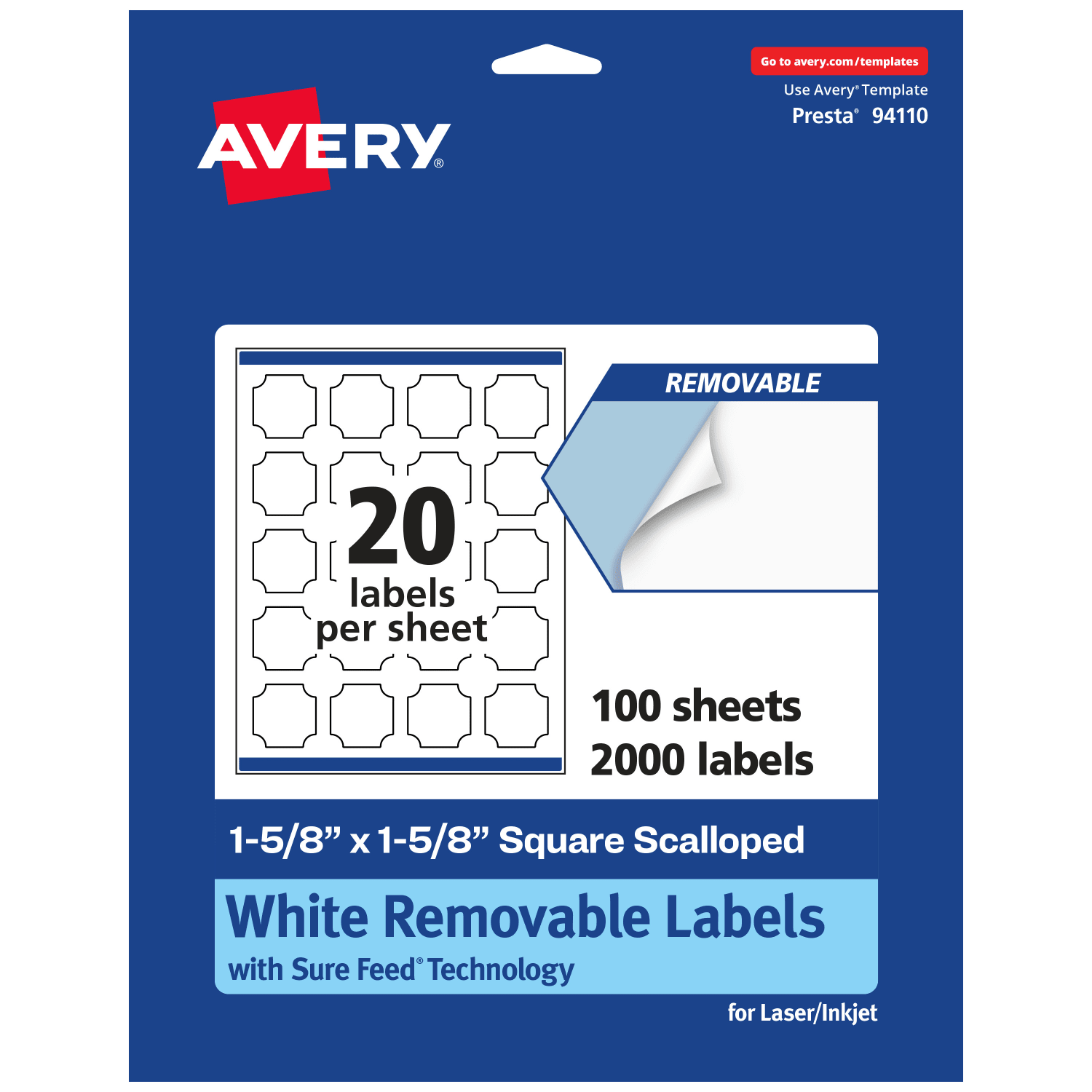 Avery Removable Labels With Sure Feed, 94110-RMP100, Square Scalloped, 1-5/8in x 1-5/8in, White, Pack Of 2,000 Labels