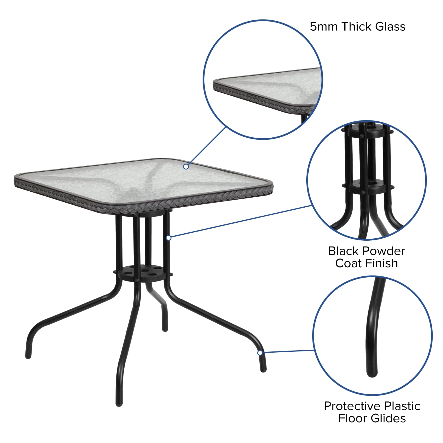 Flash Furniture Barker Square Tempered-Glass Metal Outdoor Furniture Table With Rattan Edging, 28inH x 28inW x 28inD, Clear/Gray - Image 6