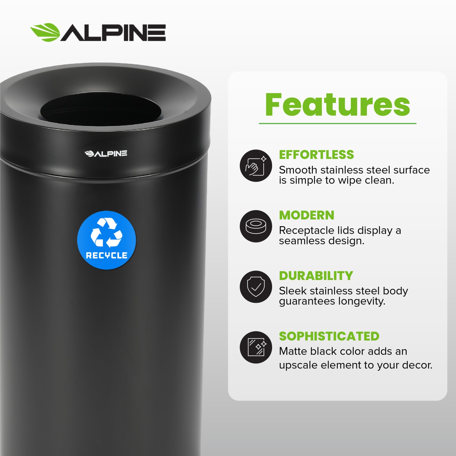 Alpine Industries Stainless Steel Recycling Can, 27 Gallon, Black - Image 6