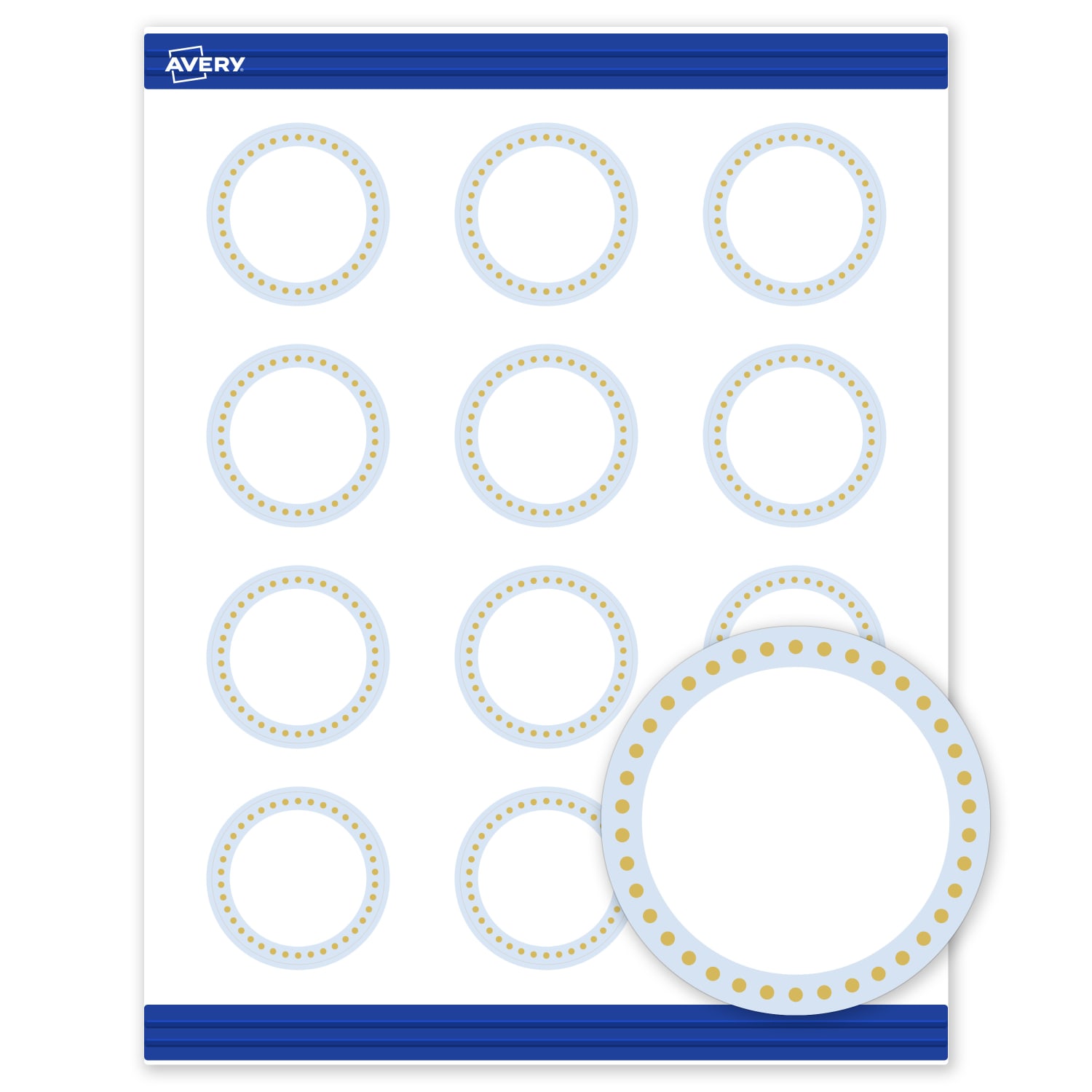 Avery Printable Round Cards With Sure Feed Technology, 2in, Matte White With Gold Dots/Blue Border Design, Pack Of 120 - Image 3