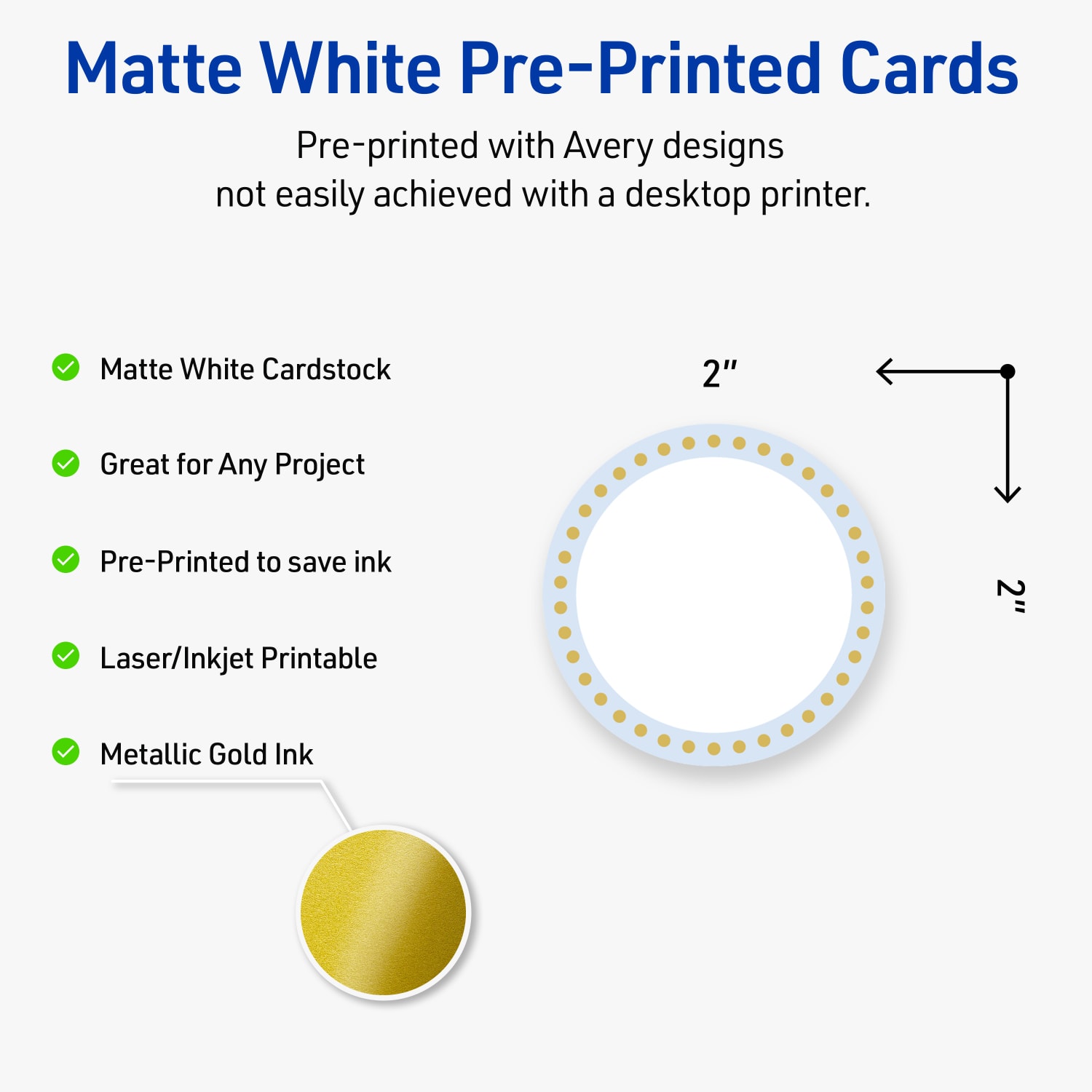 Avery Printable Round Cards With Sure Feed Technology, 2in, Matte White With Gold Dots/Blue Border Design, Pack Of 120 - Image 4