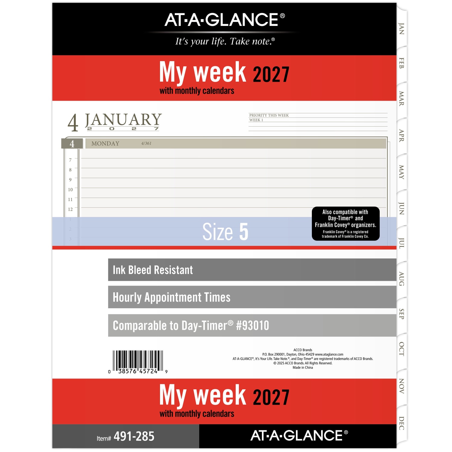AT-A-GLANCE 2027 Weekly Planner Refill, Loose Leaf, Folio Size, 8 1/2in x 11in