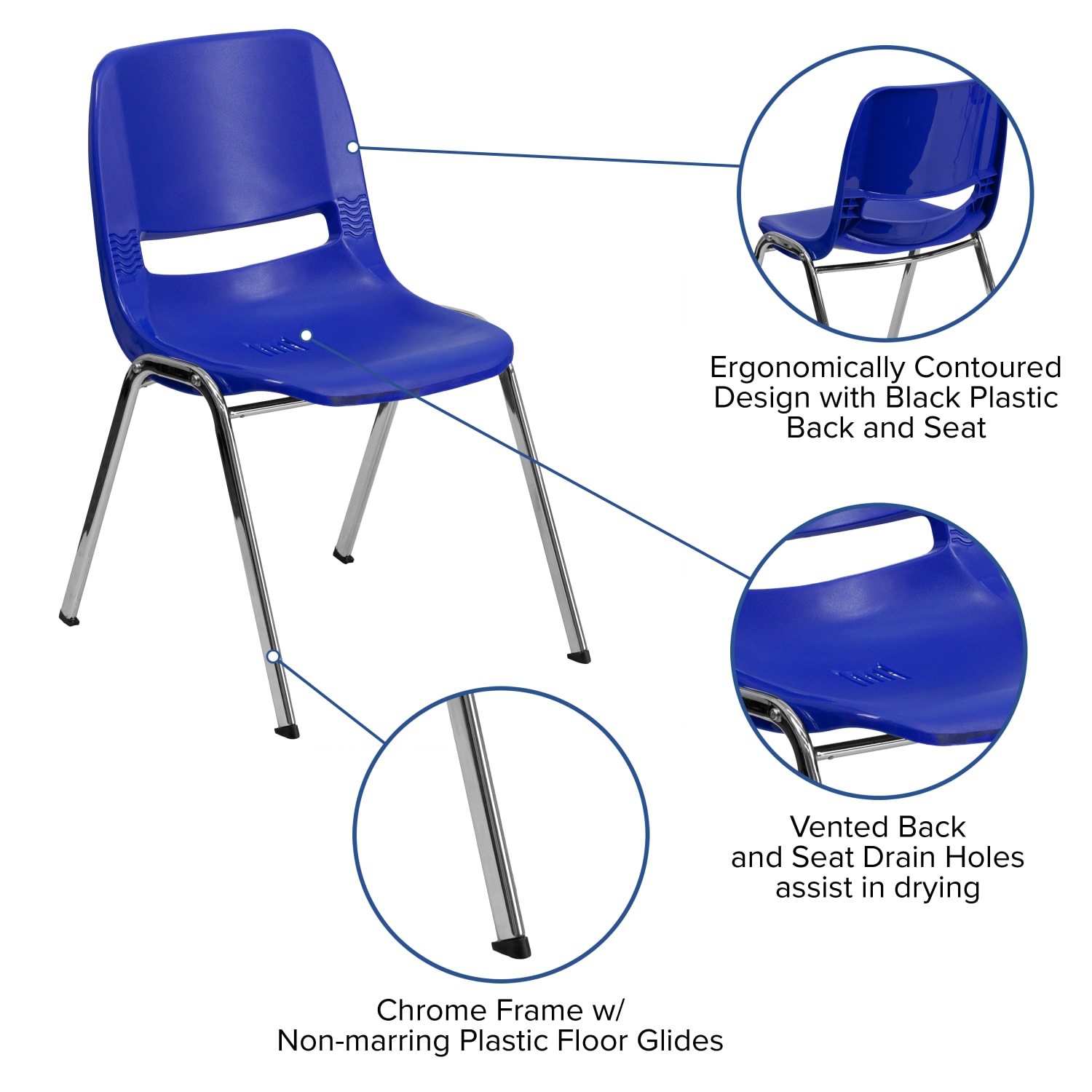 Flash Furniture Kids HERCULES 440-lb Capacity Ergonomic Shell Stack Chair With 14in Seat Height, Navy/Chrome - Image 6