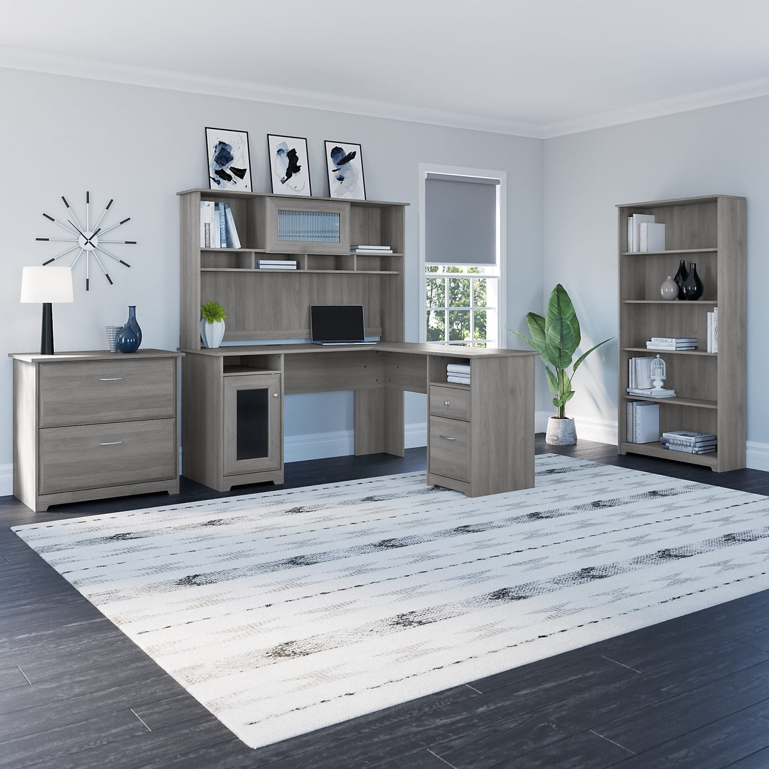 Bush Business Furniture Cabot 60inW L-Shaped Corner Desk With Hutch, Lateral File Cabinet And 5-Shelf Bookcase, Modern Gray, Standard Delivery - Image 3