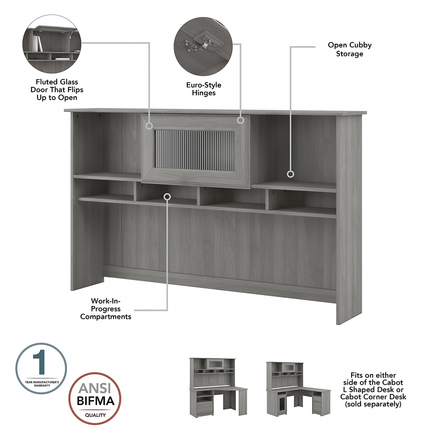 Bush Business Furniture Cabot 60inW L-Shaped Corner Desk With Hutch, Lateral File Cabinet And 5-Shelf Bookcase, Modern Gray, Standard Delivery - Image 5