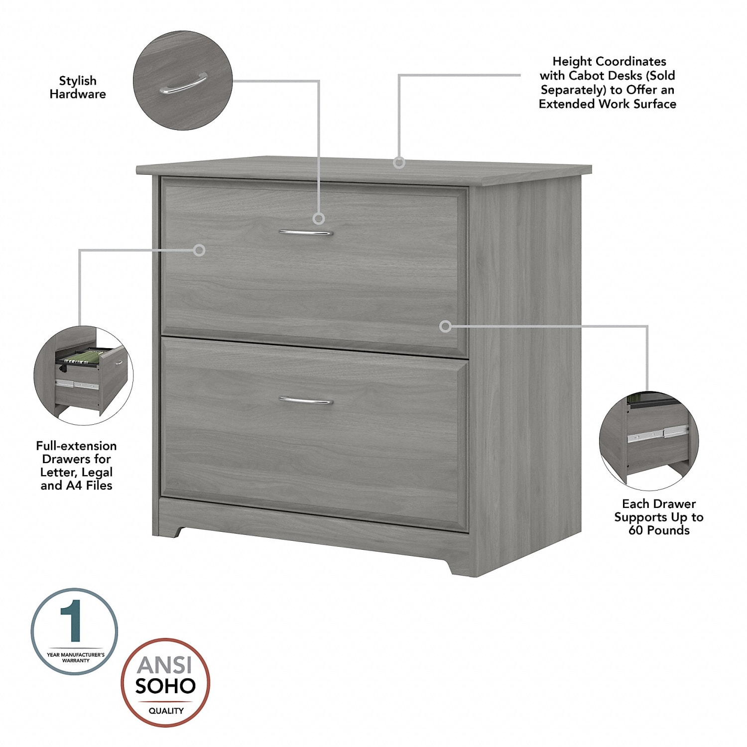 Bush Business Furniture Cabot 60inW L-Shaped Corner Desk With Hutch, Lateral File Cabinet And 5-Shelf Bookcase, Modern Gray, Standard Delivery - Image 6