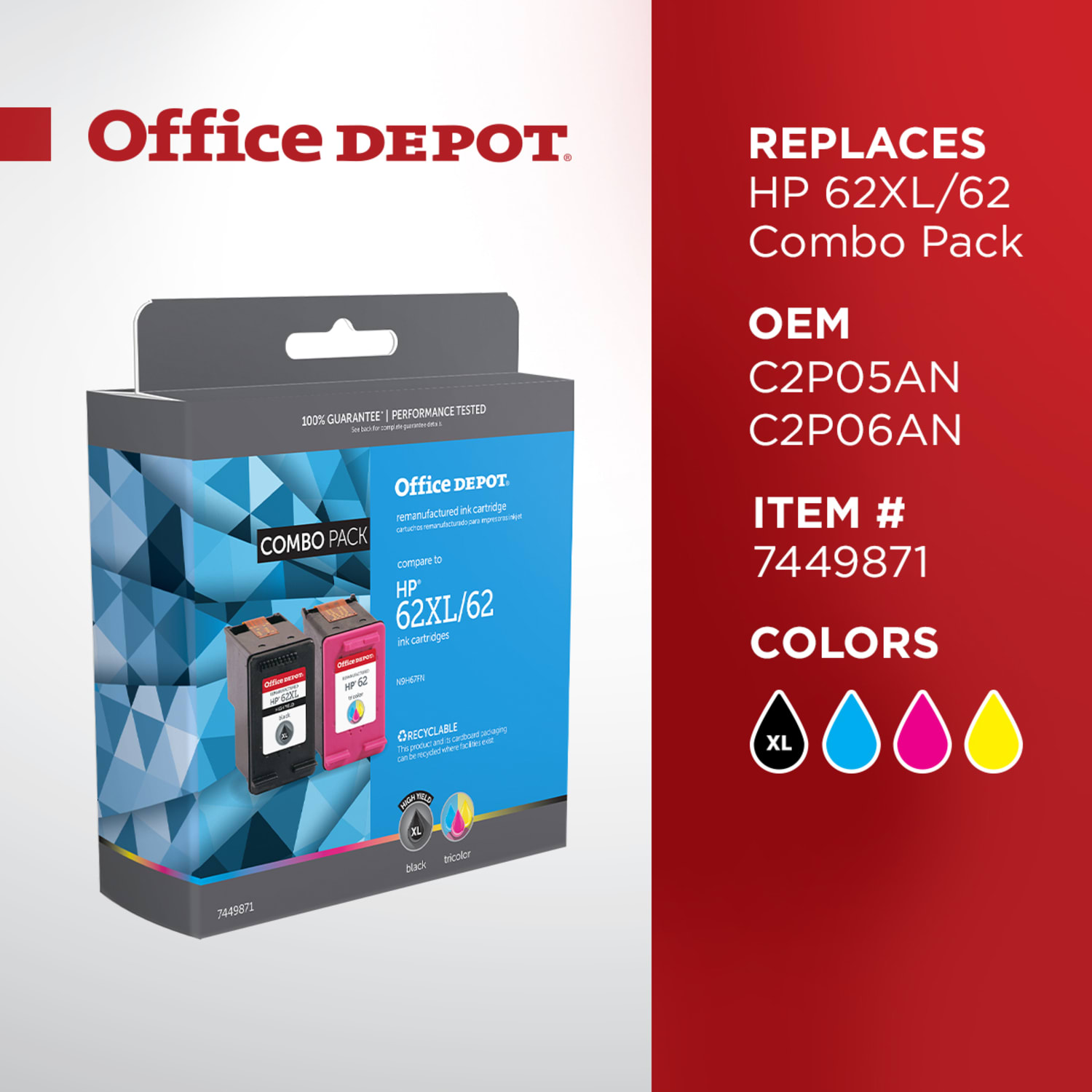 Office Depot Remanufactured Black And Tri-Color High-Yield Ink Cartridge Replacement For HP 62XL, 62, Pack Of 2, OD62XLK62C - Image 6