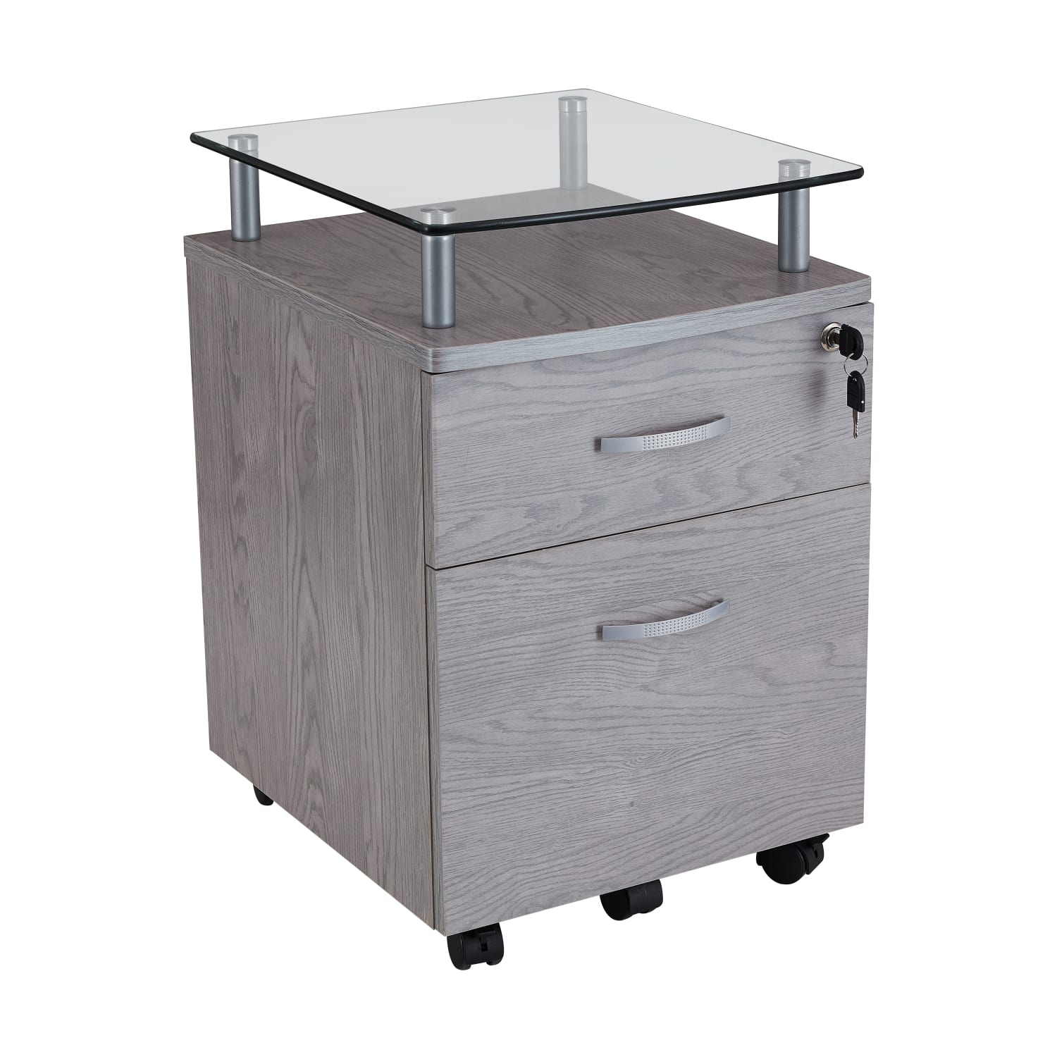 Techni Mobili 15-3/4inW x 17-1/2inD Lateral 2-Drawer Mobile Locking Glass Top File Cabinet, Gray
