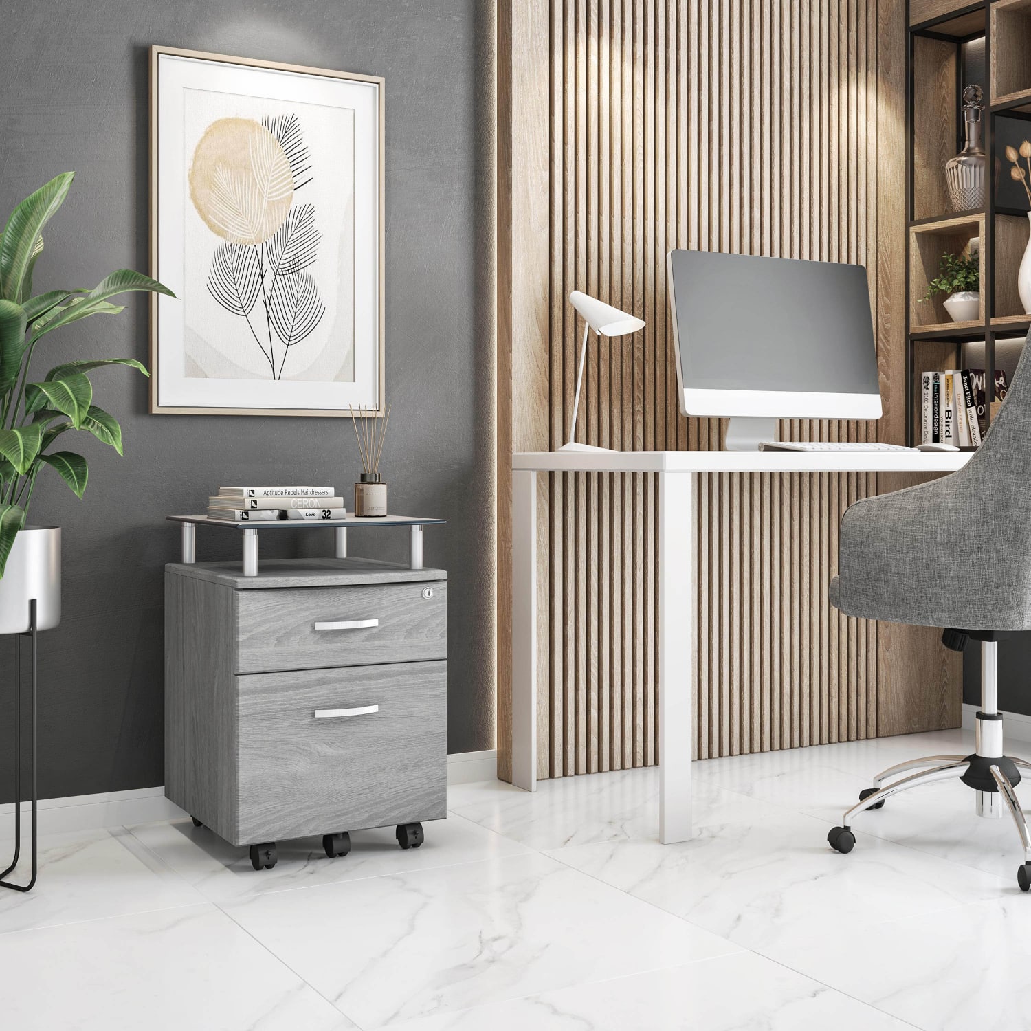 Techni Mobili 15-3/4inW x 17-1/2inD Lateral 2-Drawer Mobile Locking Glass Top File Cabinet, Gray - Image 3