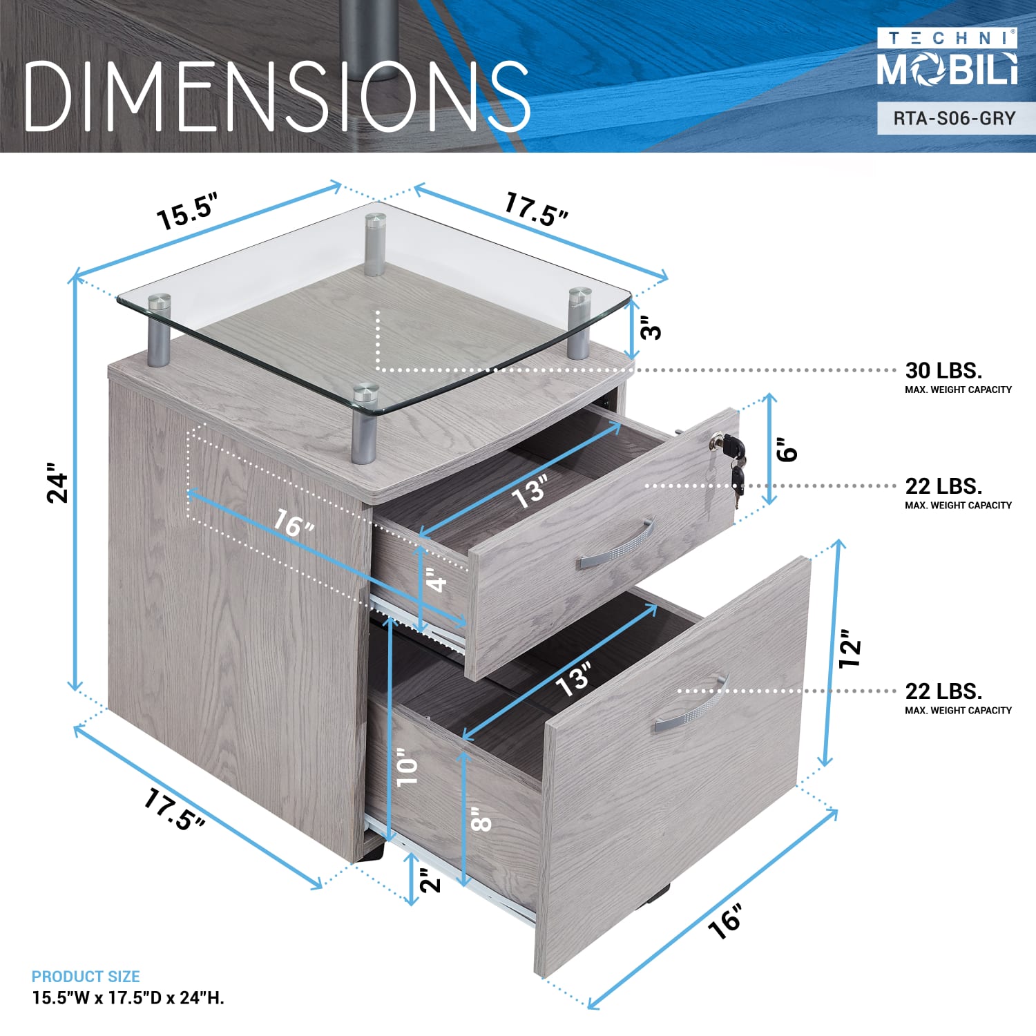 Techni Mobili 15-3/4inW x 17-1/2inD Lateral 2-Drawer Mobile Locking Glass Top File Cabinet, Gray - Image 4