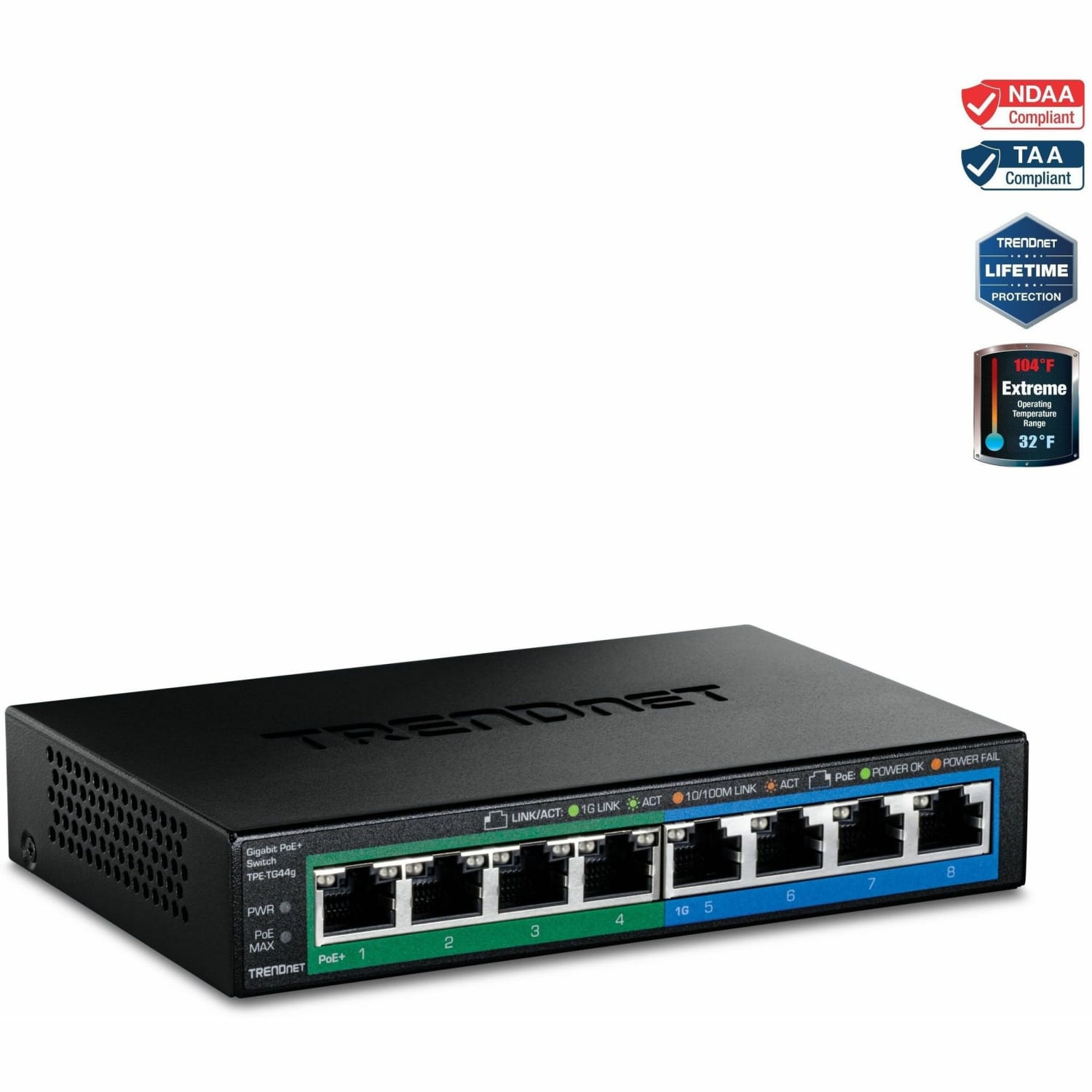 TRENDnet 8-Port Gigabit GREENnet PoE+ Switch;TPE-TG44G; 4 x Gigabit PoE/PoE+ - 8-port GREENnet Gigabit PoE+ Switch (4 PoE+; 4 Non-PoE) - Image 3