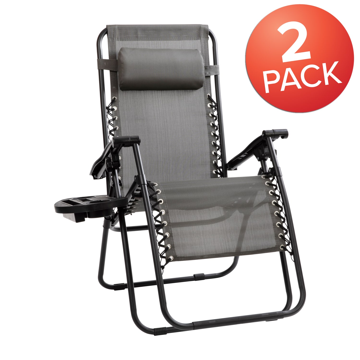 Flash Furniture Adjustable Folding Mesh Zero Gravity Reclining Lounge Chairs With Pillow And Tray, Gray/Black, Set Of 2 Chairs - Image 3