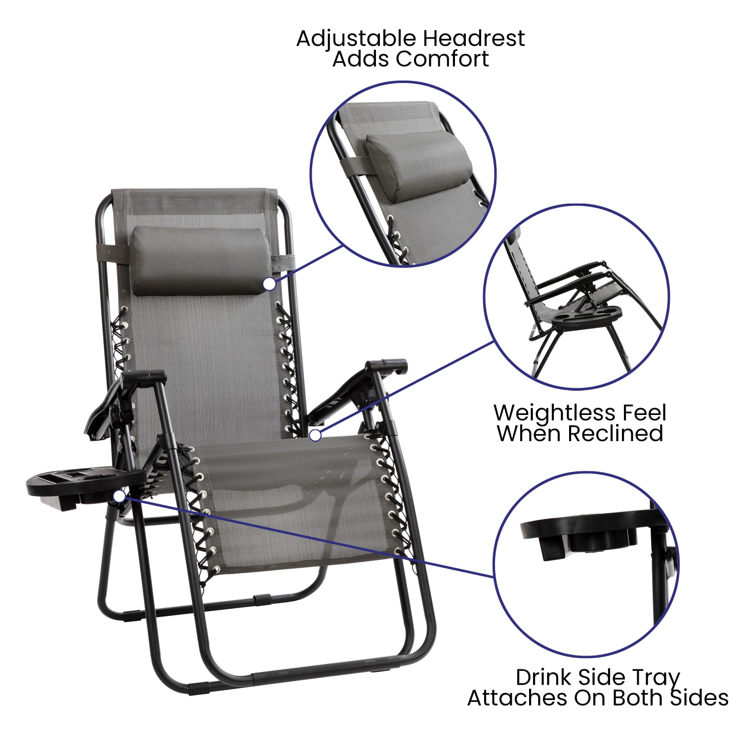 Flash Furniture Adjustable Folding Mesh Zero Gravity Reclining Lounge Chairs With Pillow And Tray, Gray/Black, Set Of 2 Chairs - Image 6