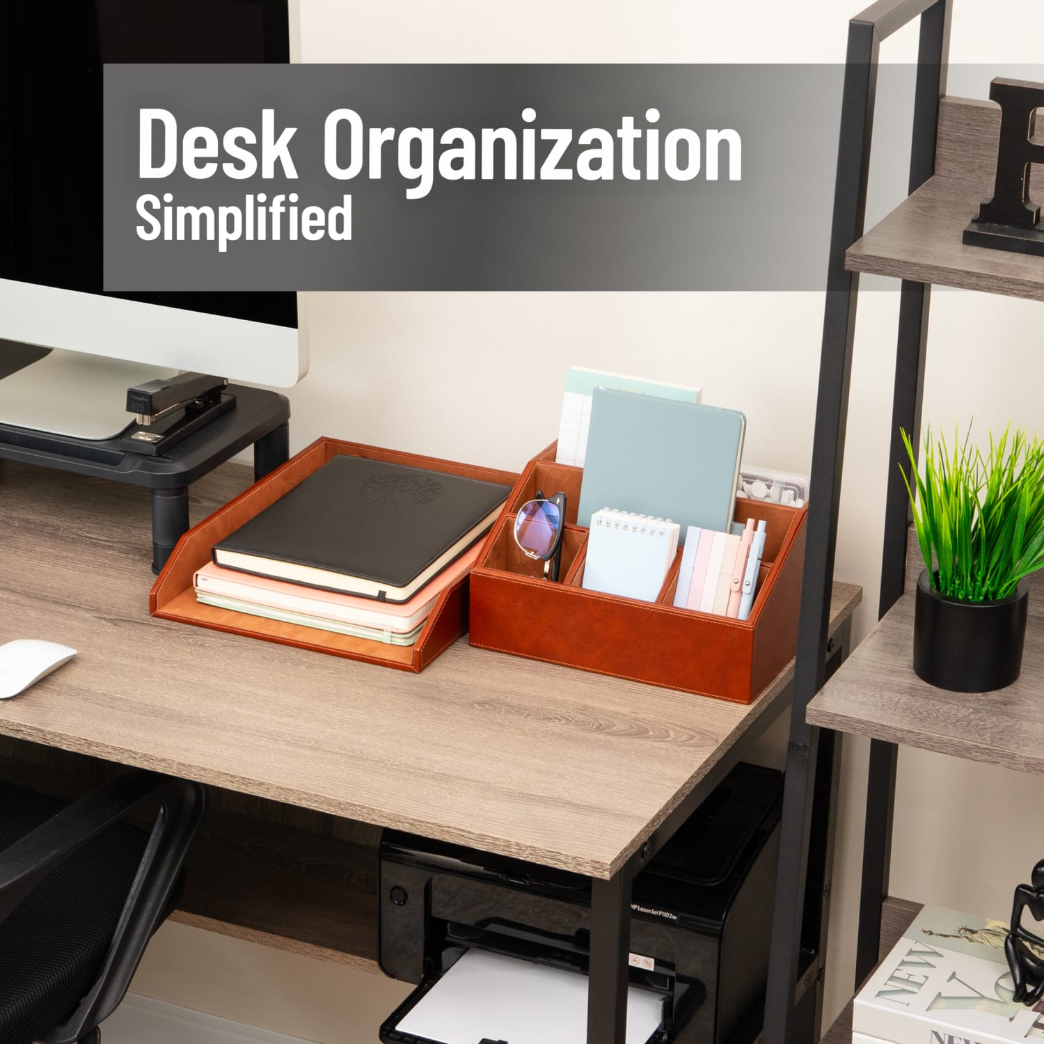 Mind Reader PU Leather Desk Organizer And Letter Tray Set, Brown, Total Qty 1 - Image 3