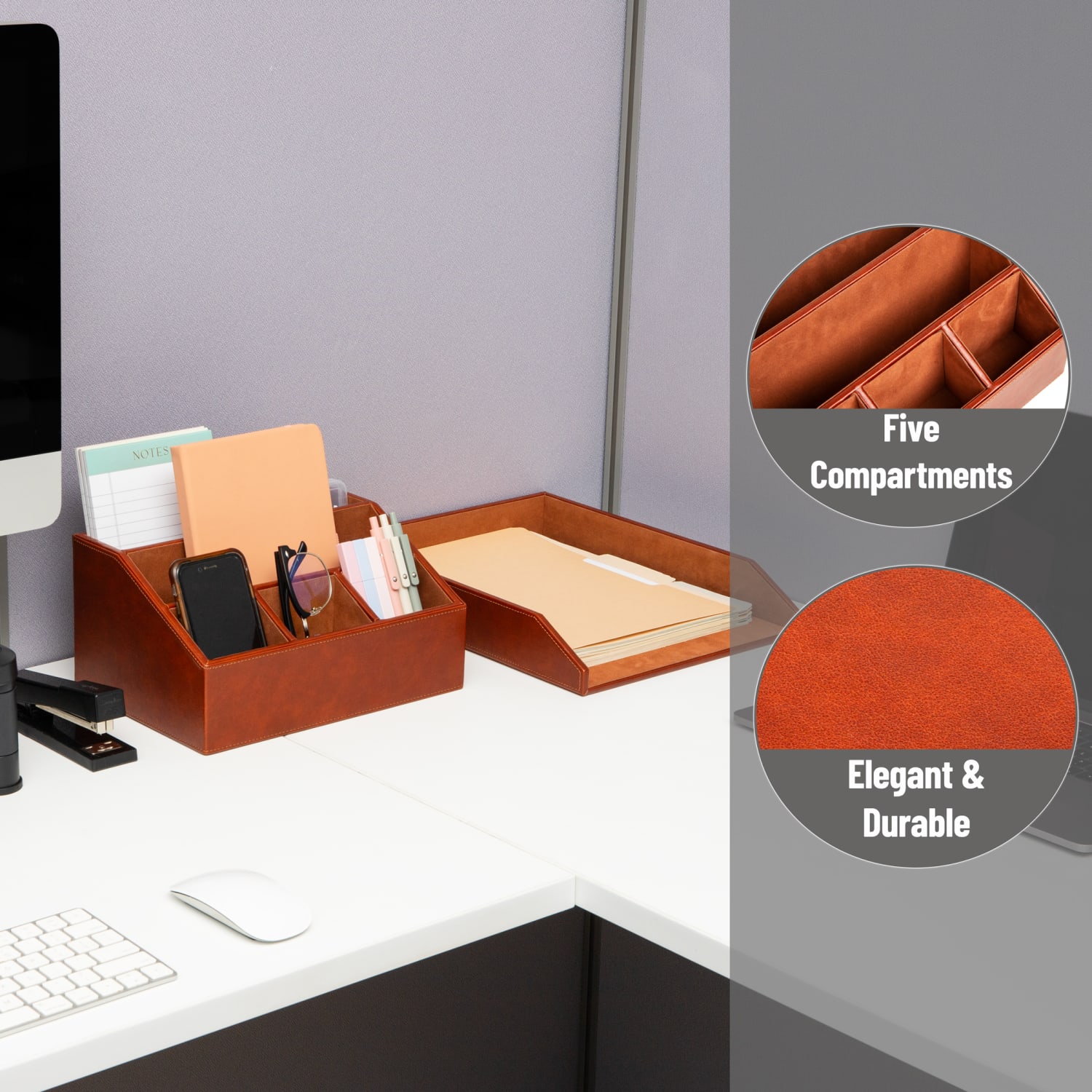 Mind Reader PU Leather Desk Organizer And Letter Tray Set, Brown, Total Qty 1 - Image 5