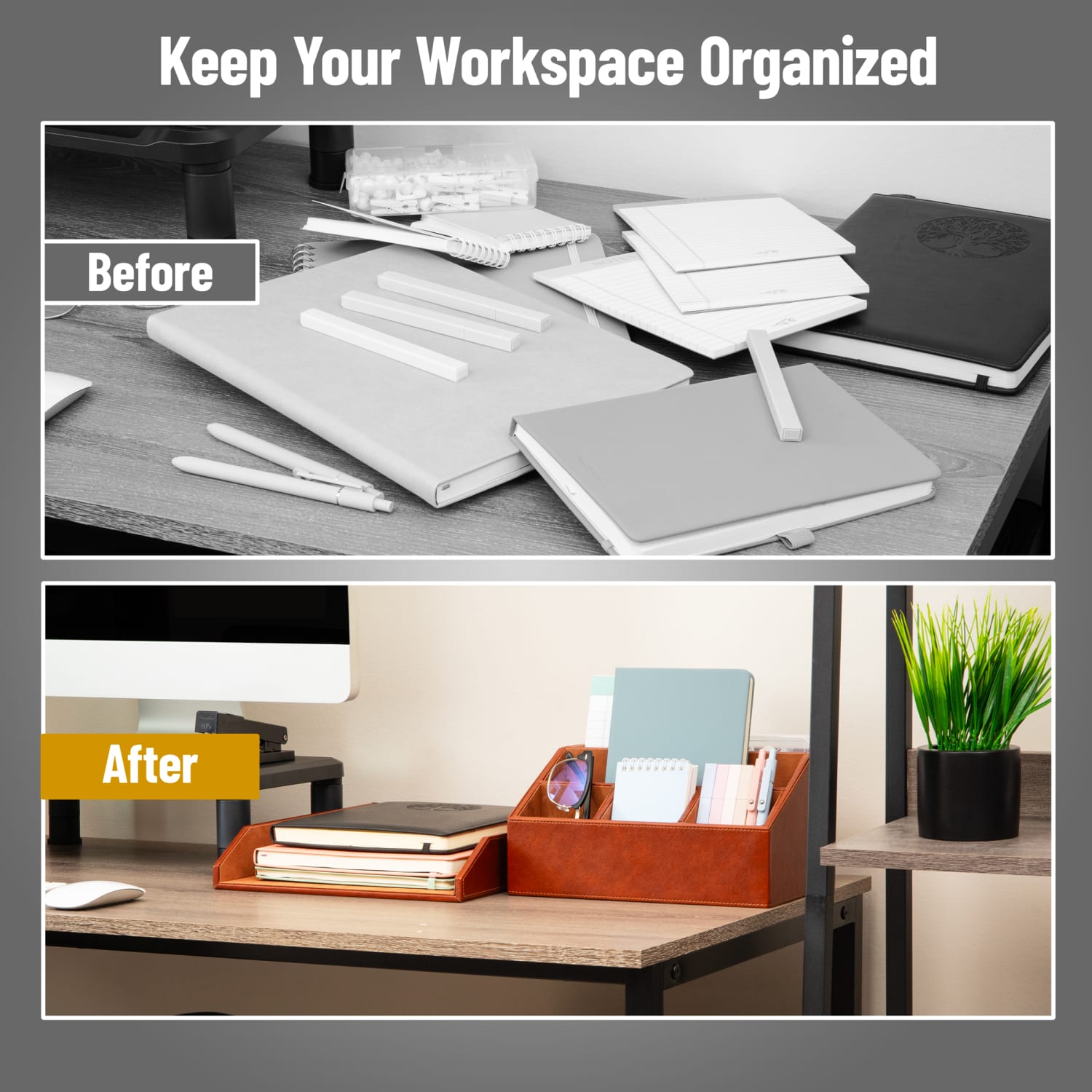 Mind Reader PU Leather Desk Organizer And Letter Tray Set, Brown, Total Qty 1 - Image 6