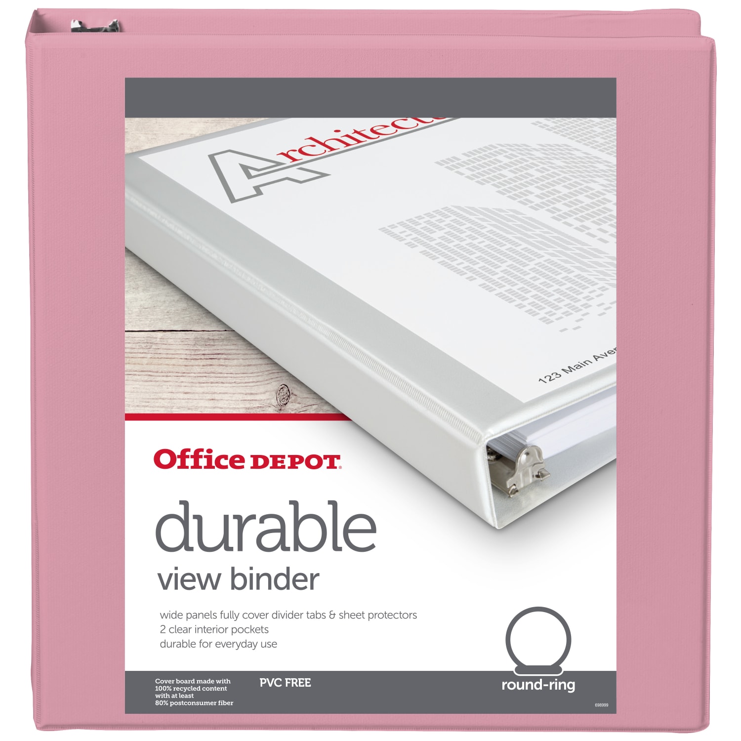 Office Depot Brand 3-Ring Durable View Binder, 1-1/2in Round Rings, Pink - Image 3