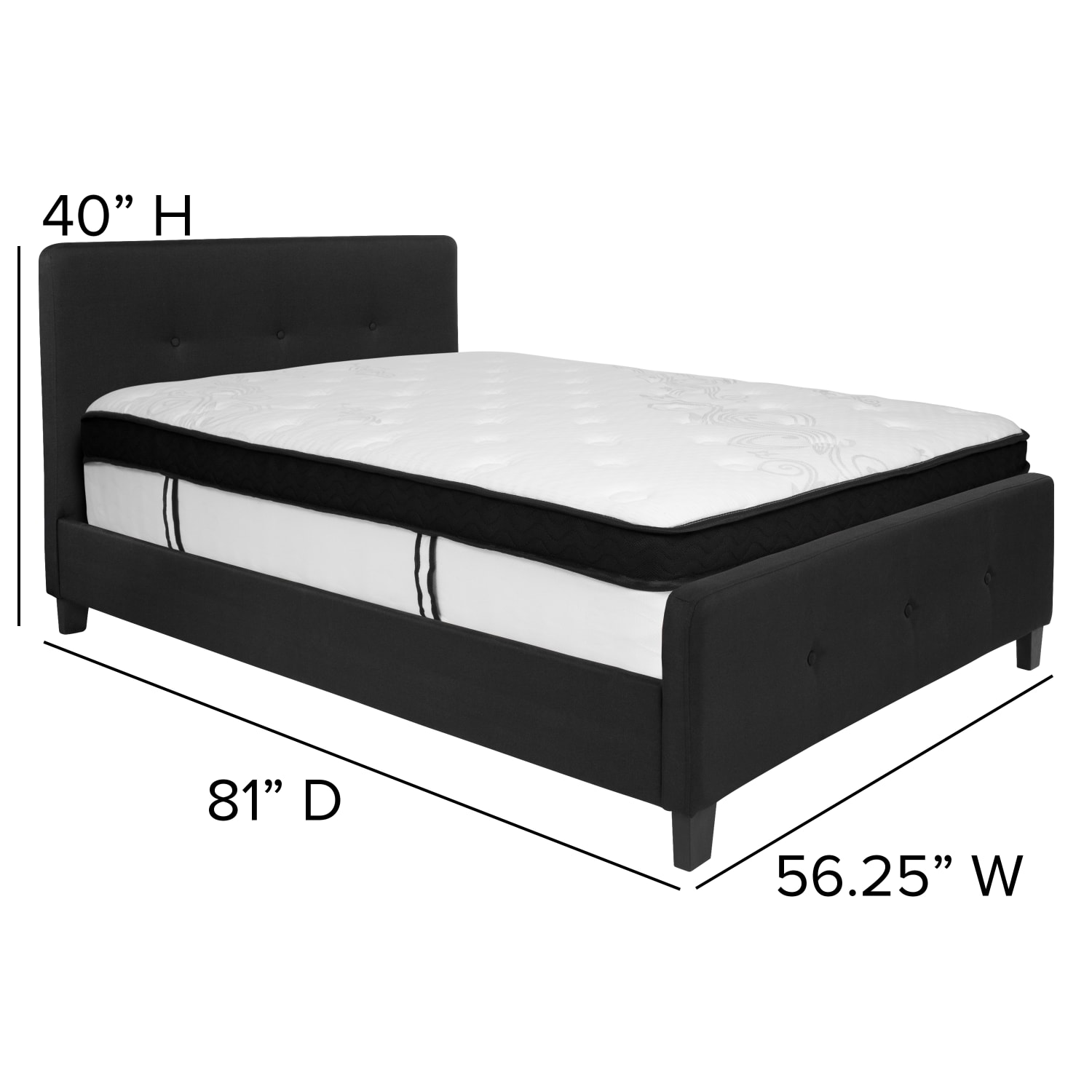 Flash Furniture Tribeca Button Tufted Upholstered Platform Bed with Memory Foam Pocket Spring Mattress, Full, 40inH x 56-1/4inW x 81inL, Black - Image 5