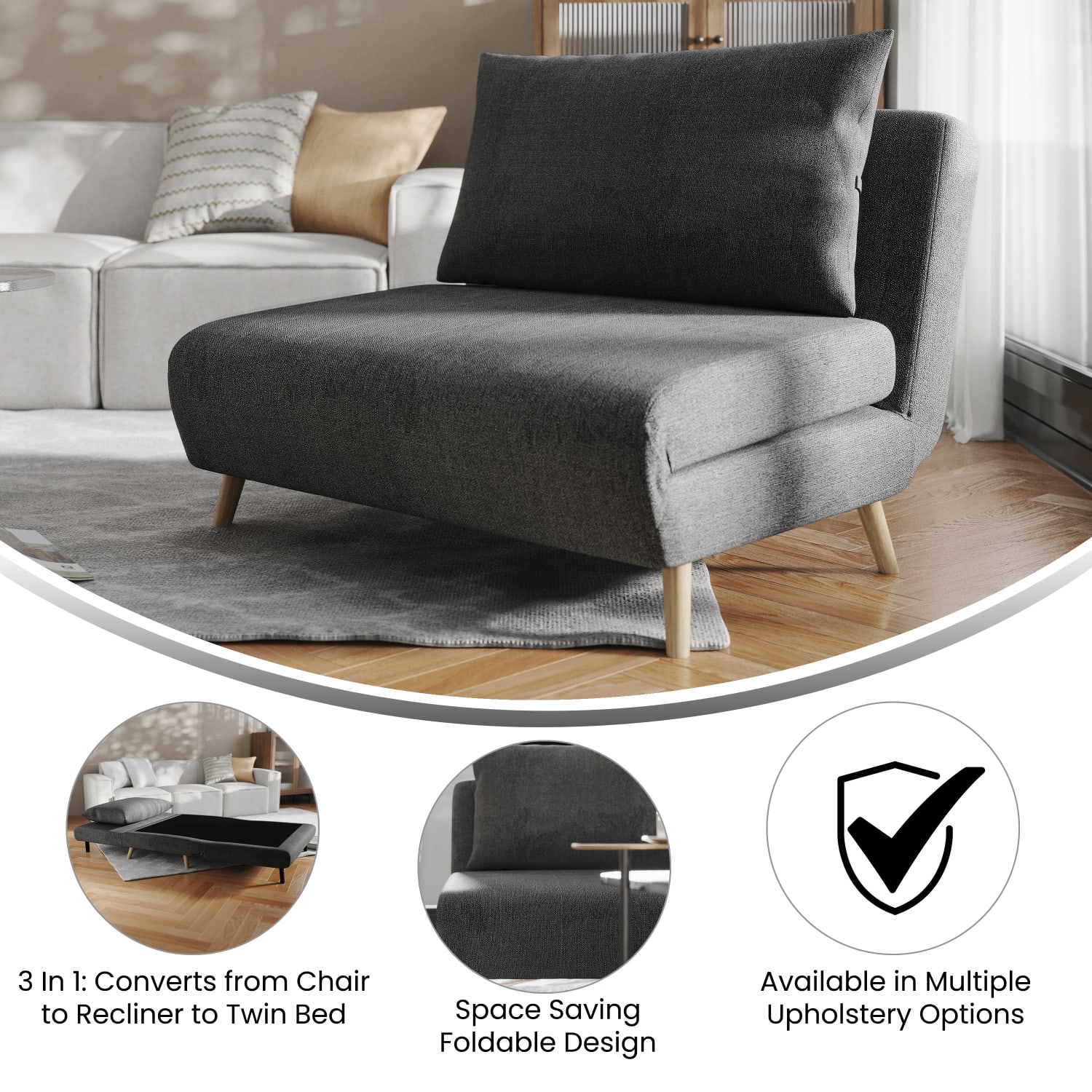 Flash Furniture Shaw Convertible Tri Fold Fabric Sleeper Guest Chair Dark Gray PopularChairscom