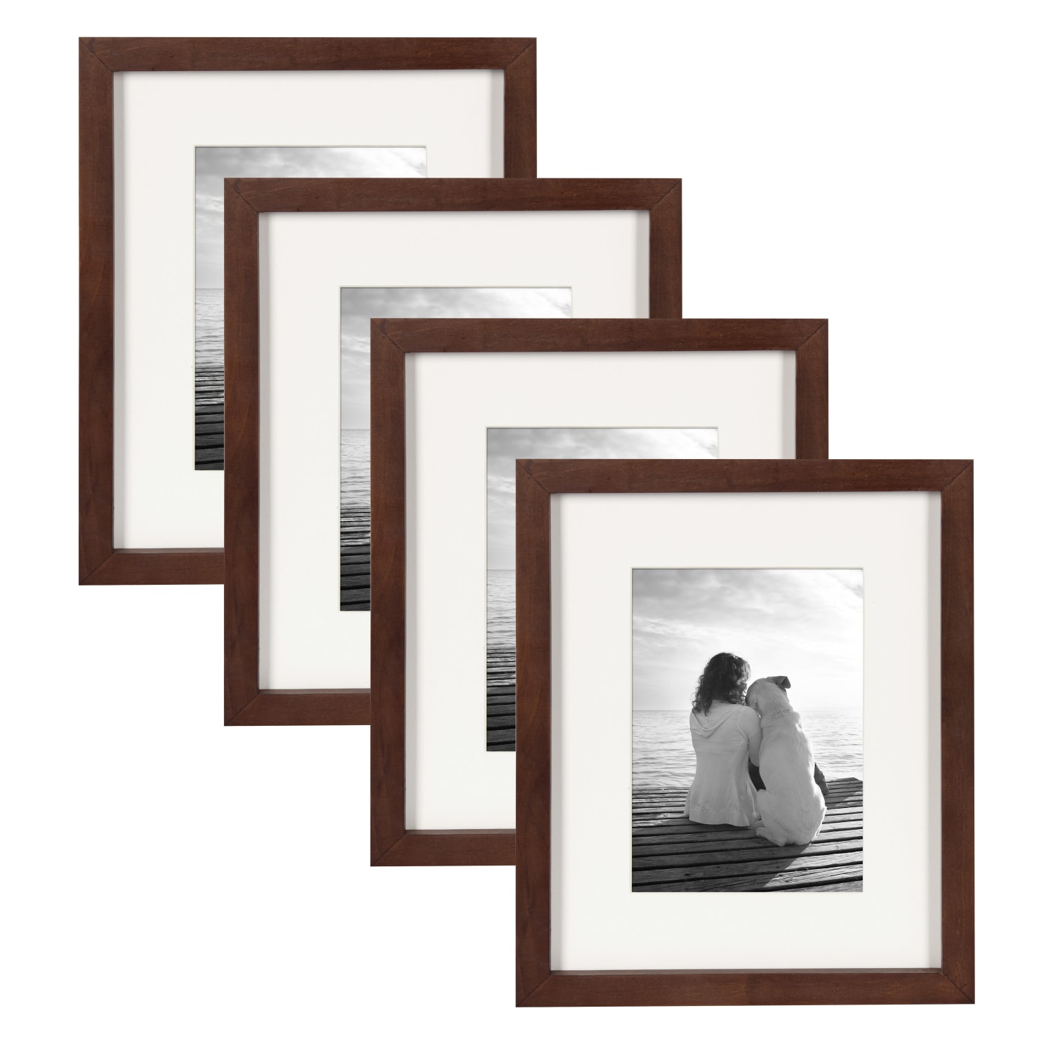 Uniek DesignOvation Gallery Photo Picture Frame Set, 9in x 11in With Mat, Walnut Brown, Set Of 4
