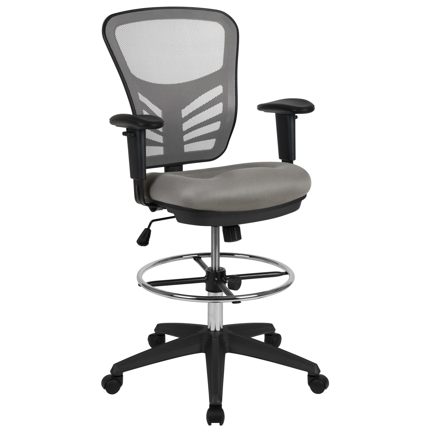 Flash Furniture Mid Back Mesh Ergonomic Drafting Chair with Adjustable Chrome Foot Ring Adjustable Arms Light GrayBlack PopularChairscom