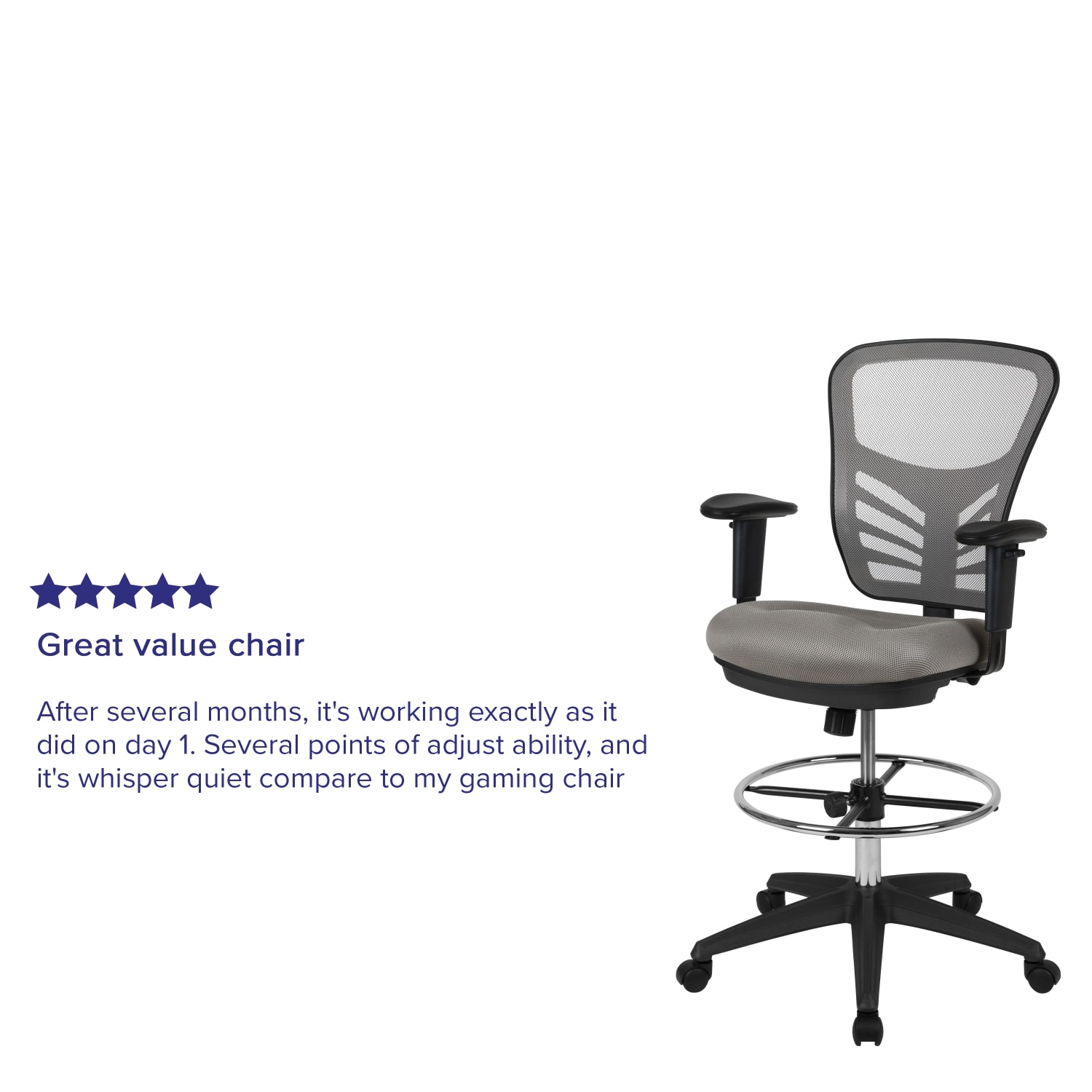 Flash Furniture Mid-Back Mesh Ergonomic Drafting Chair with Adjustable Chrome Foot Ring, Adjustable Arms, Light Gray/Black - Image 5
