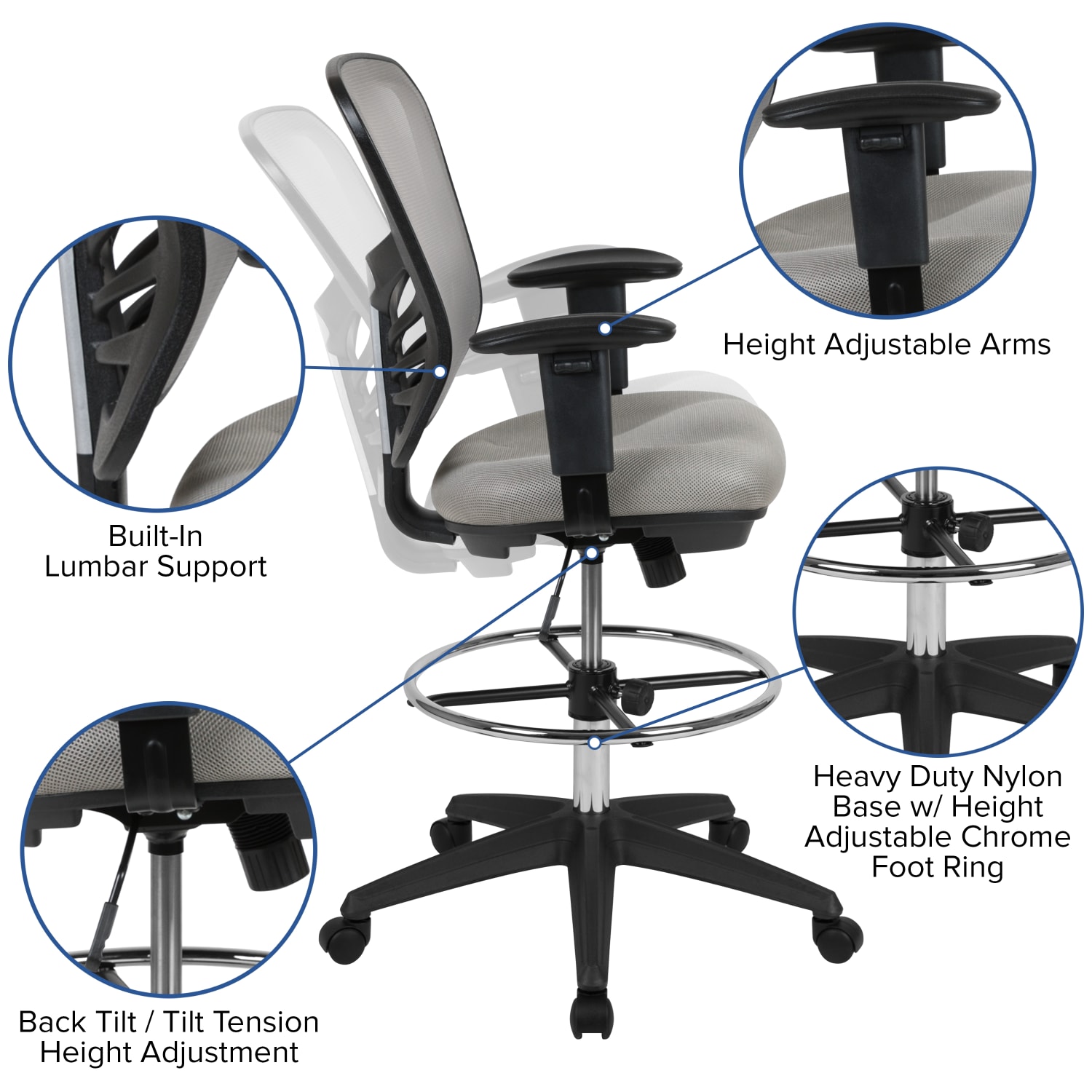 Flash Furniture Mid Back Mesh Ergonomic Drafting Chair with Adjustable Chrome Foot Ring Adjustable Arms Light GrayBlack PopularChairscom
