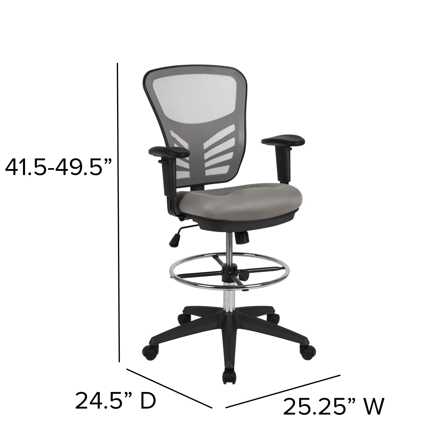 Flash Furniture Mid-Back Mesh Ergonomic Drafting Chair with Adjustable Chrome Foot Ring, Adjustable Arms, Light Gray/Black - Image 7